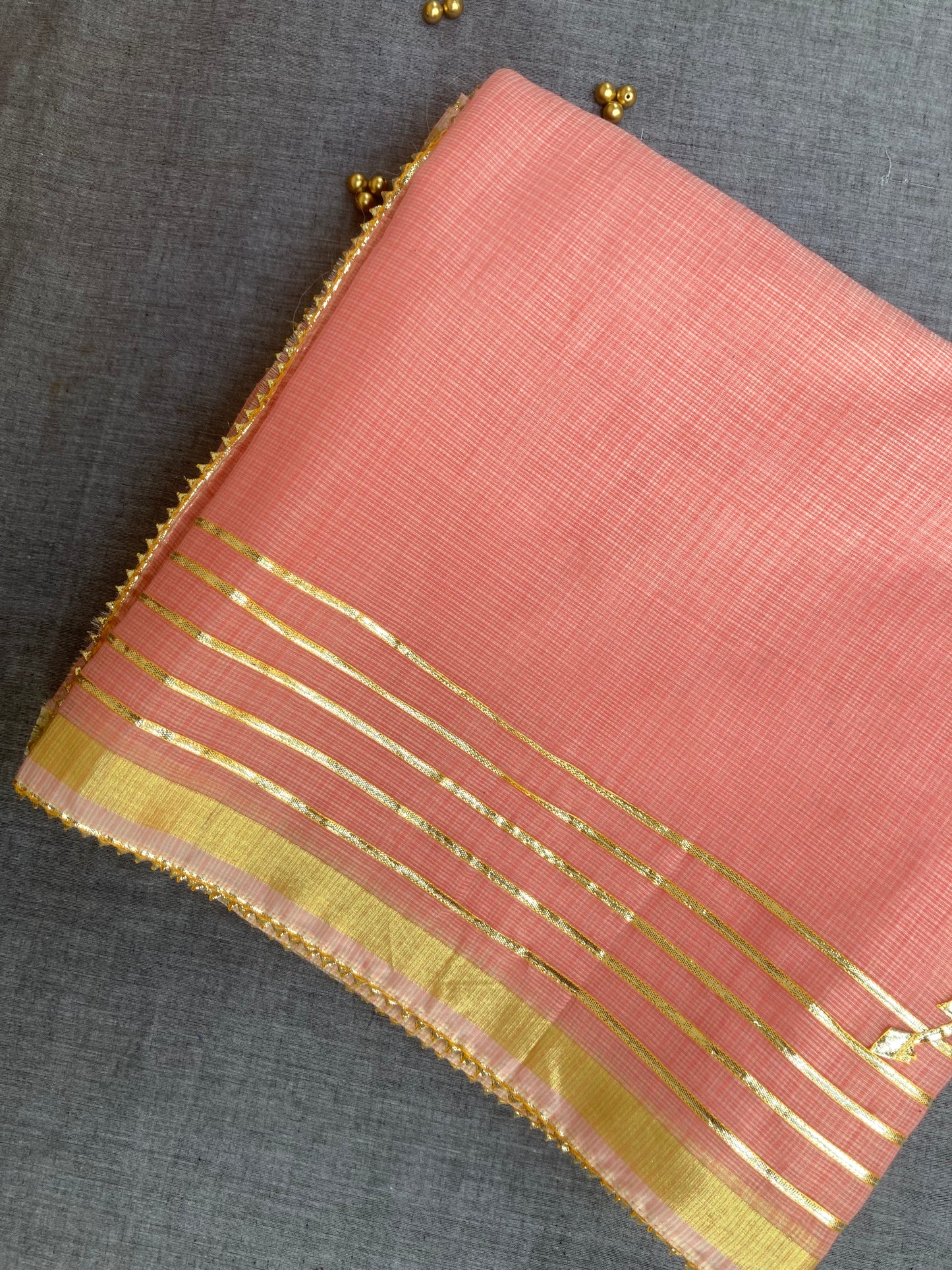 Peach Gotapatti Kota Doria Saree