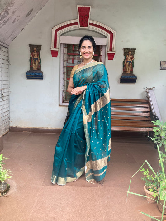 Dark Teal Green Maheshwari Saree