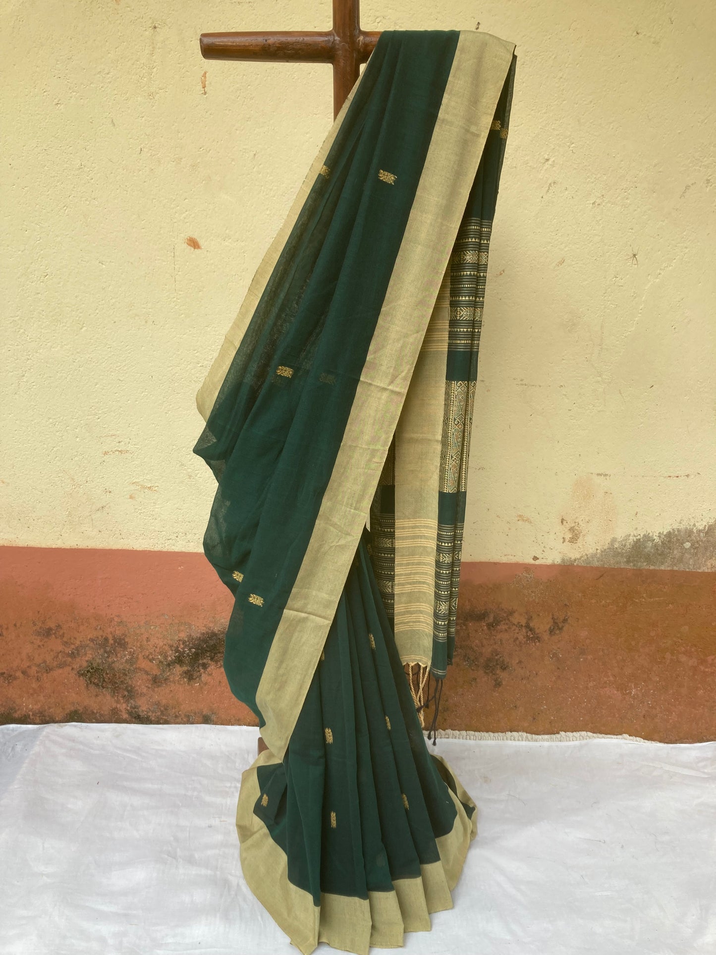 Dark Green Khadi Cotton Saree