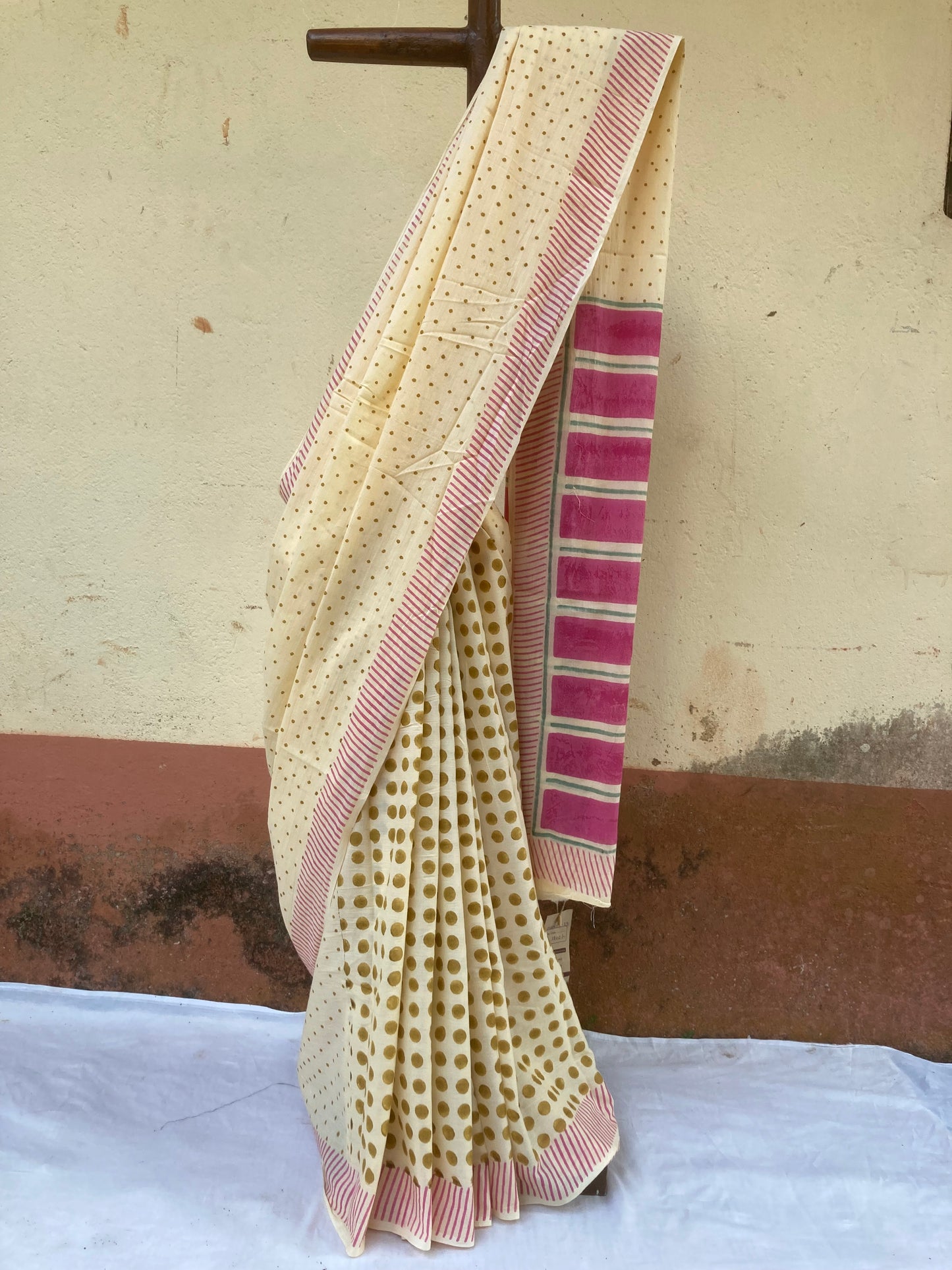 Light Cream Block Printed Cotton Saree