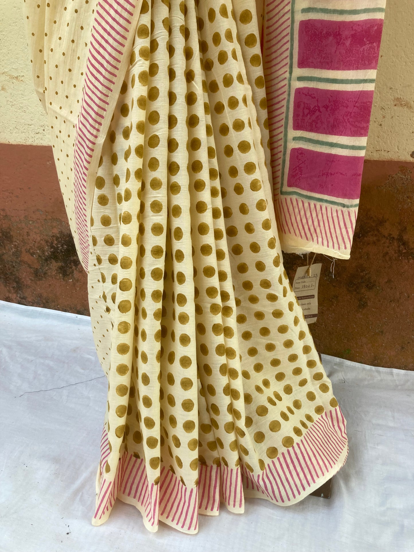 Light Cream Block Printed Cotton Saree