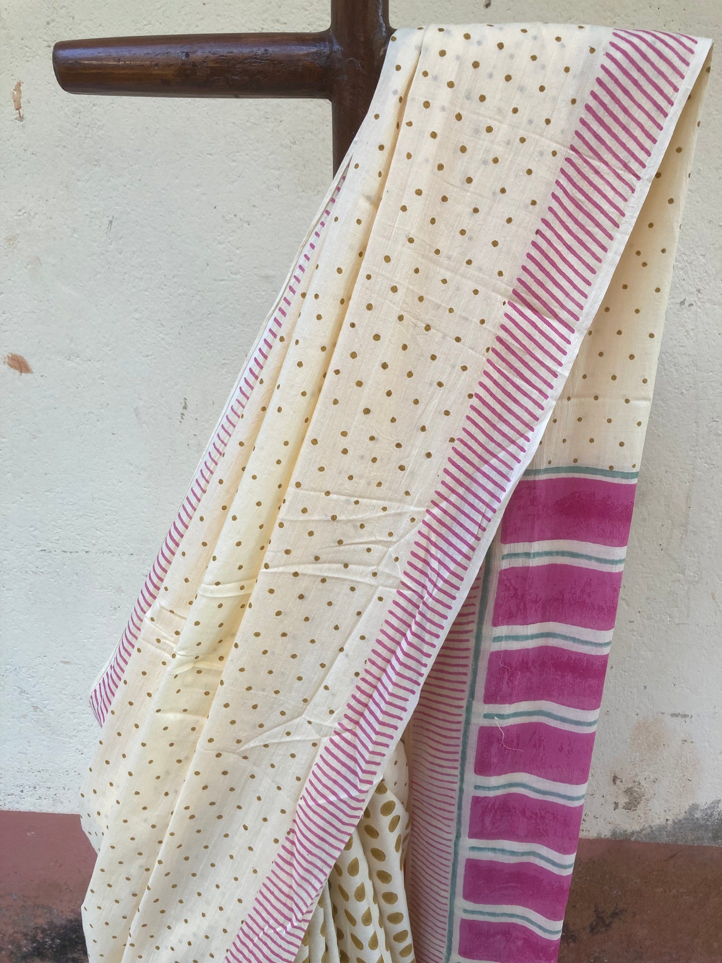 Light Cream Block Printed Cotton Saree