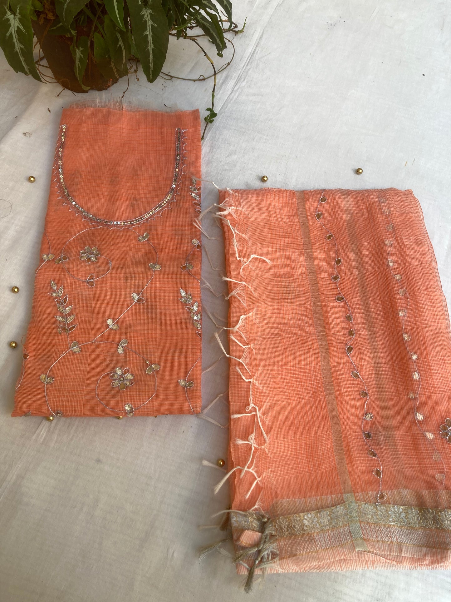 Peach Kota Doria Dress Material