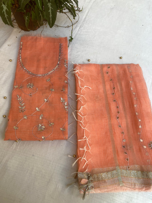 Peach Kota Doria Dress Material