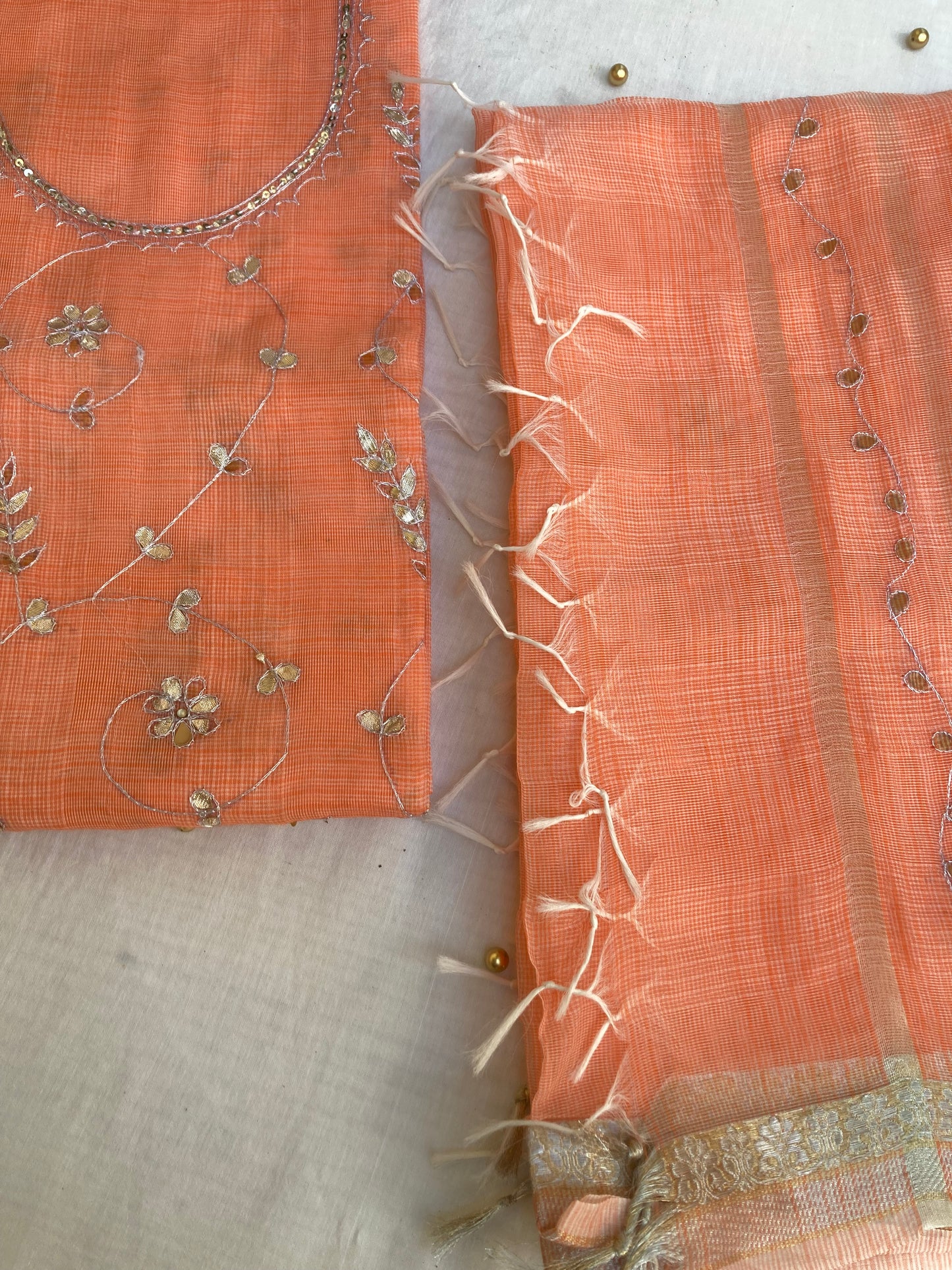 Peach Kota Doria Dress Material