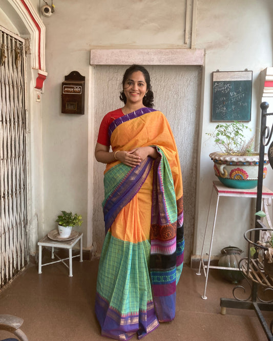 Yellow And Green Maanto Concept Saree