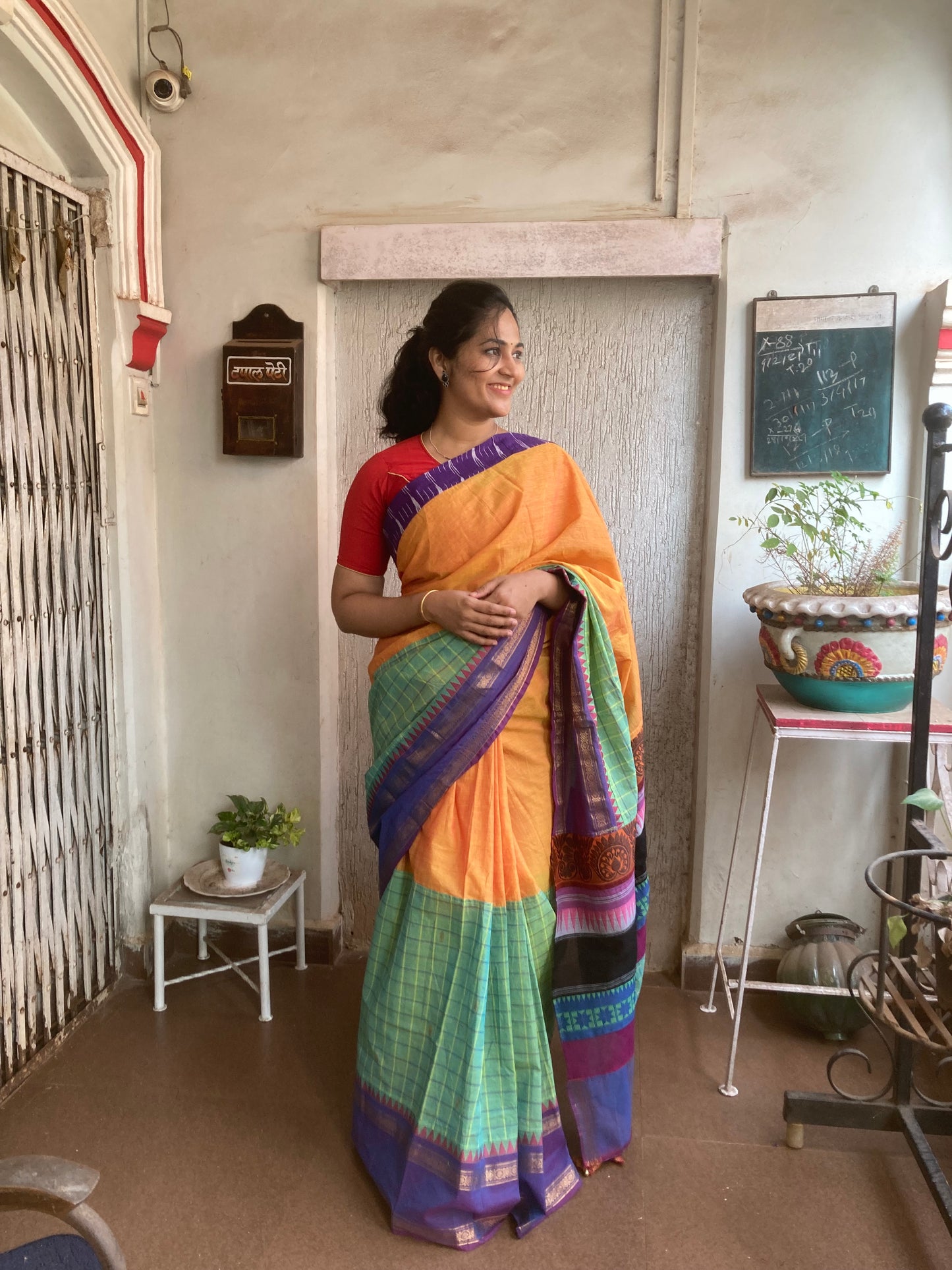 Yellow And Green Maanto Concept Saree