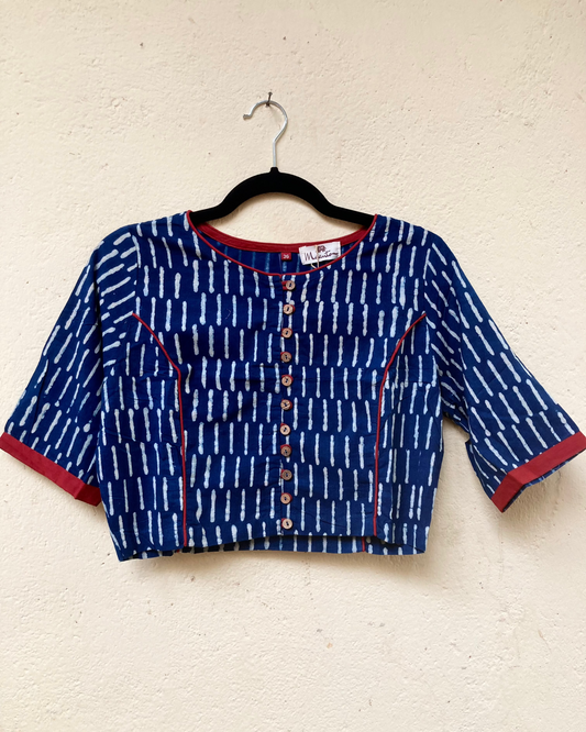 Blue Line Block Printed Cotton Blouse