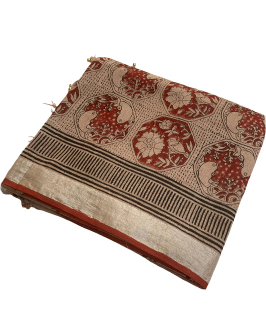 Maroon and Cream Slub Linen Saree