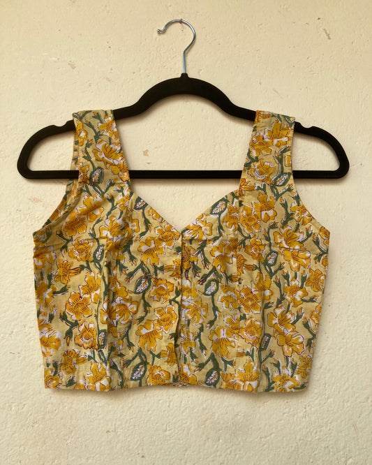 Lemon Yellow Block Printed Cotton Blouse