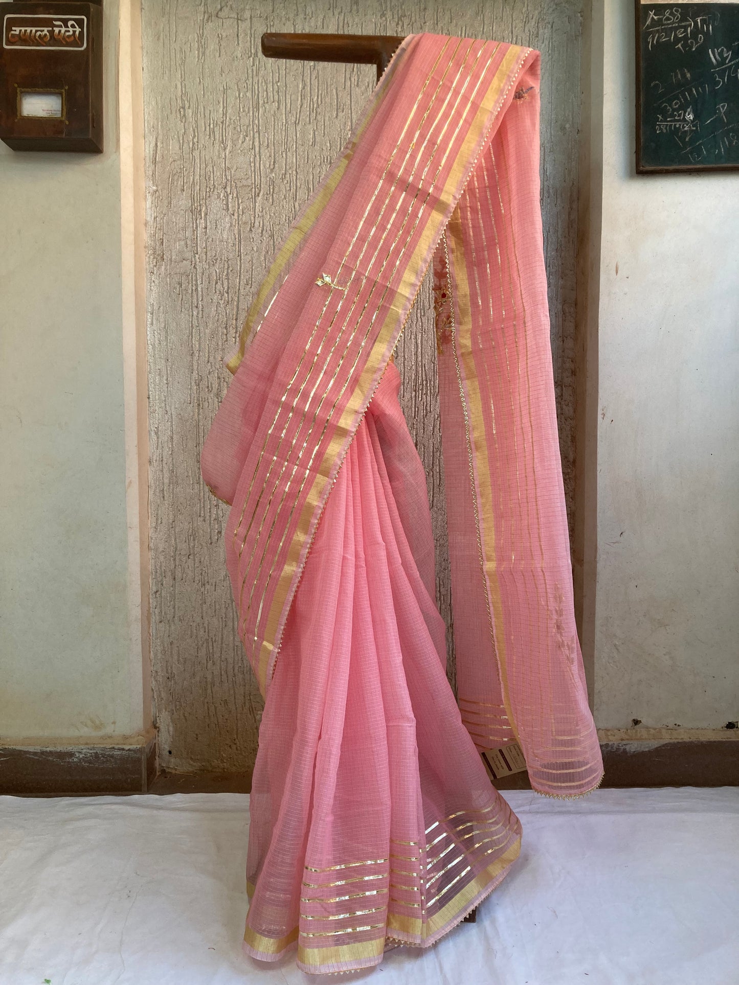 Peach Gotapatti Kota Doria Saree