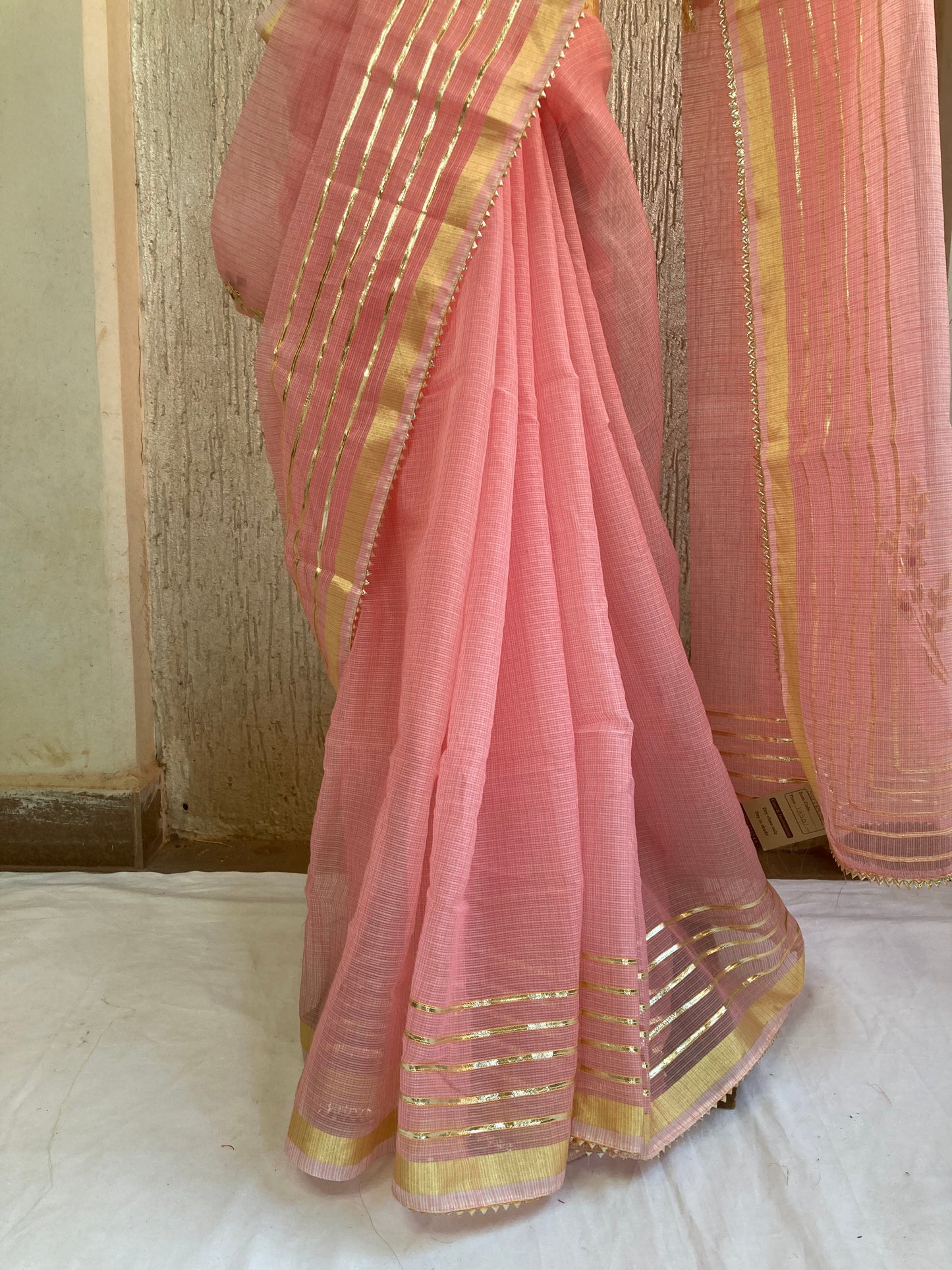 Peach Gotapatti Kota Doria Saree