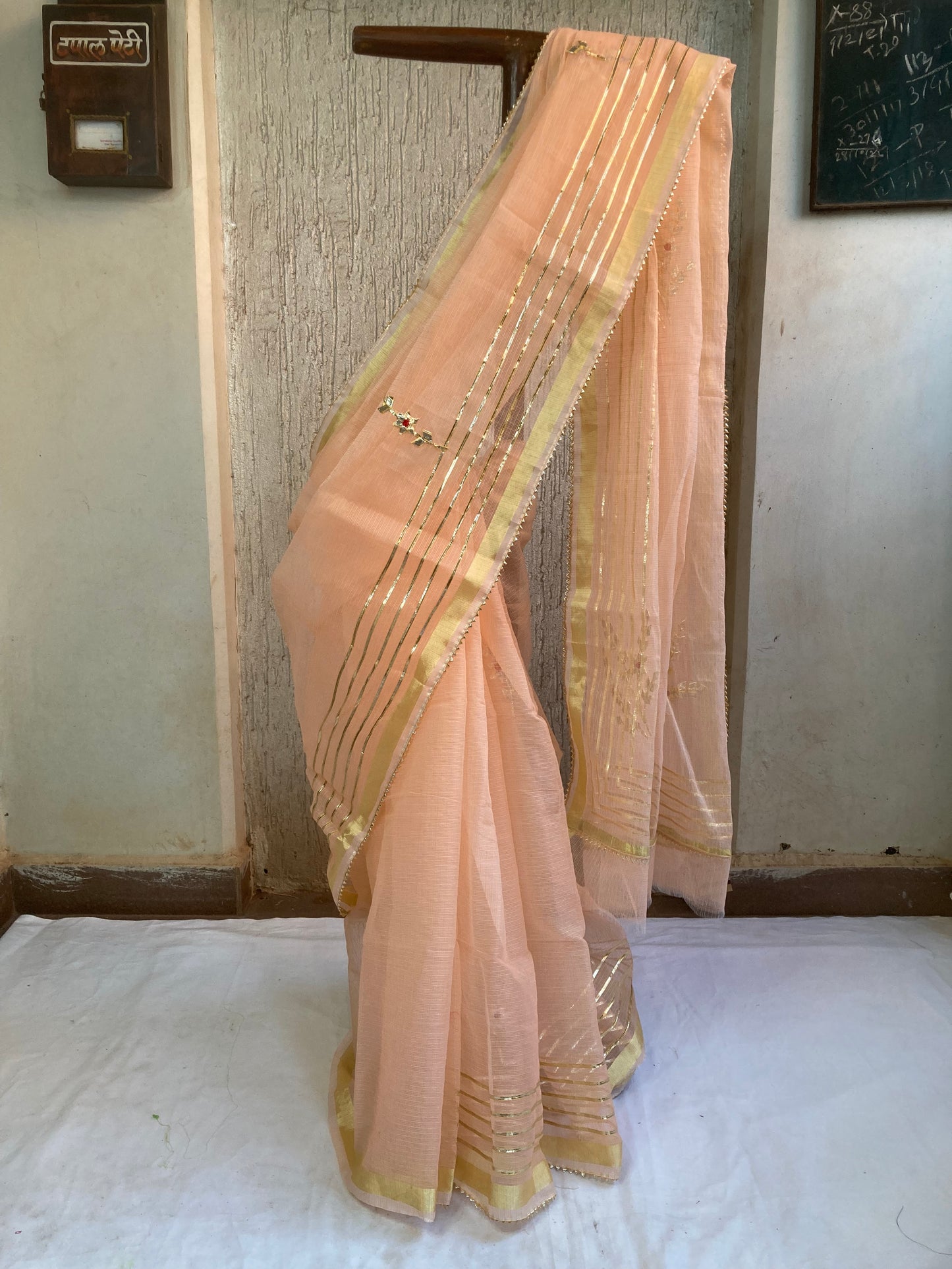 Peach Gotapatti Kota Doria Saree
