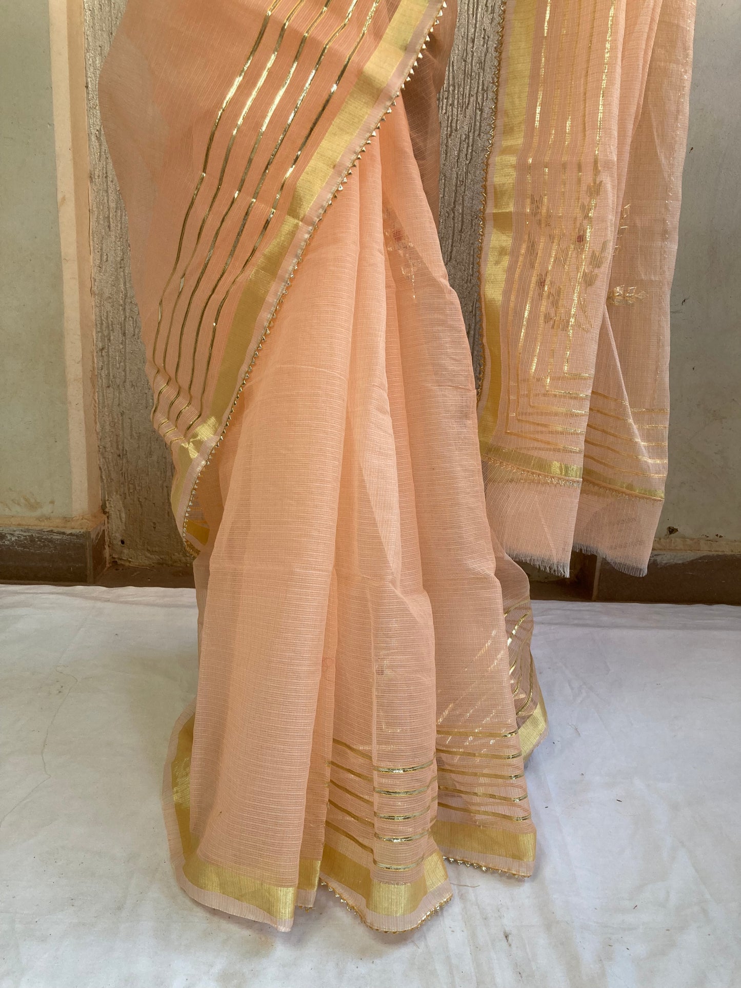 Peach Gotapatti Kota Doria Saree