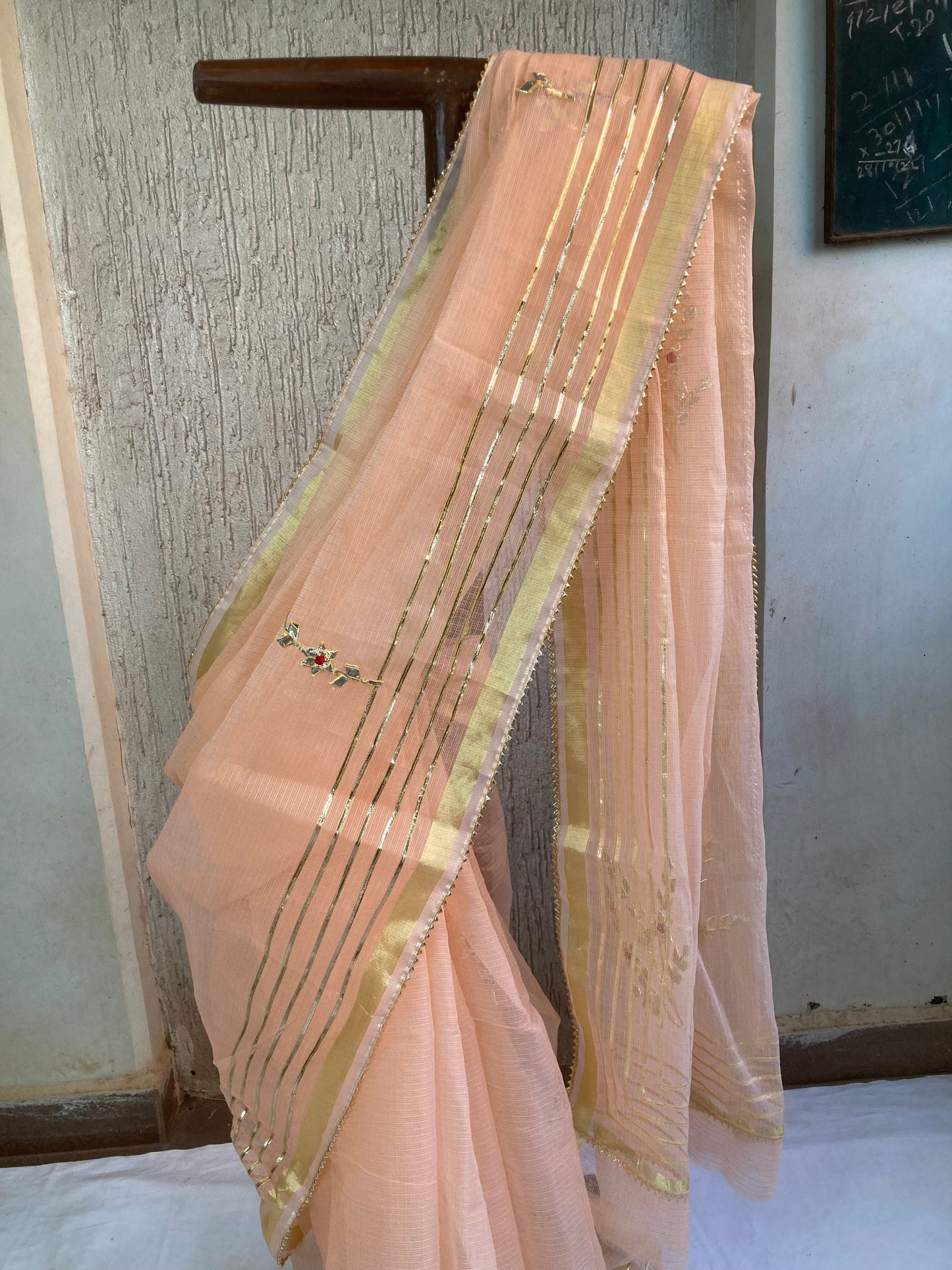 Peach Gotapatti Kota Doria Saree