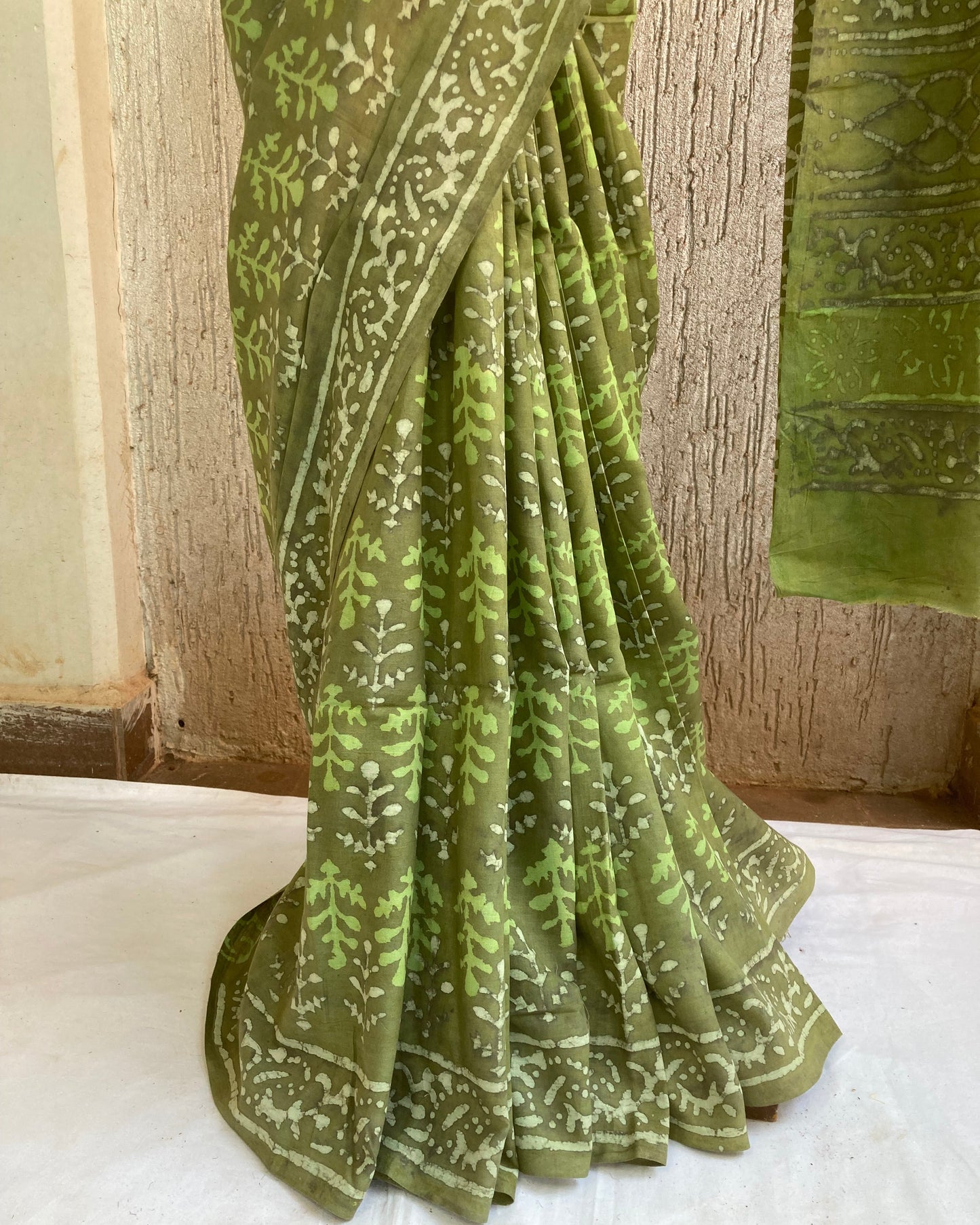 Apple Green Block Printed Cotton Saree