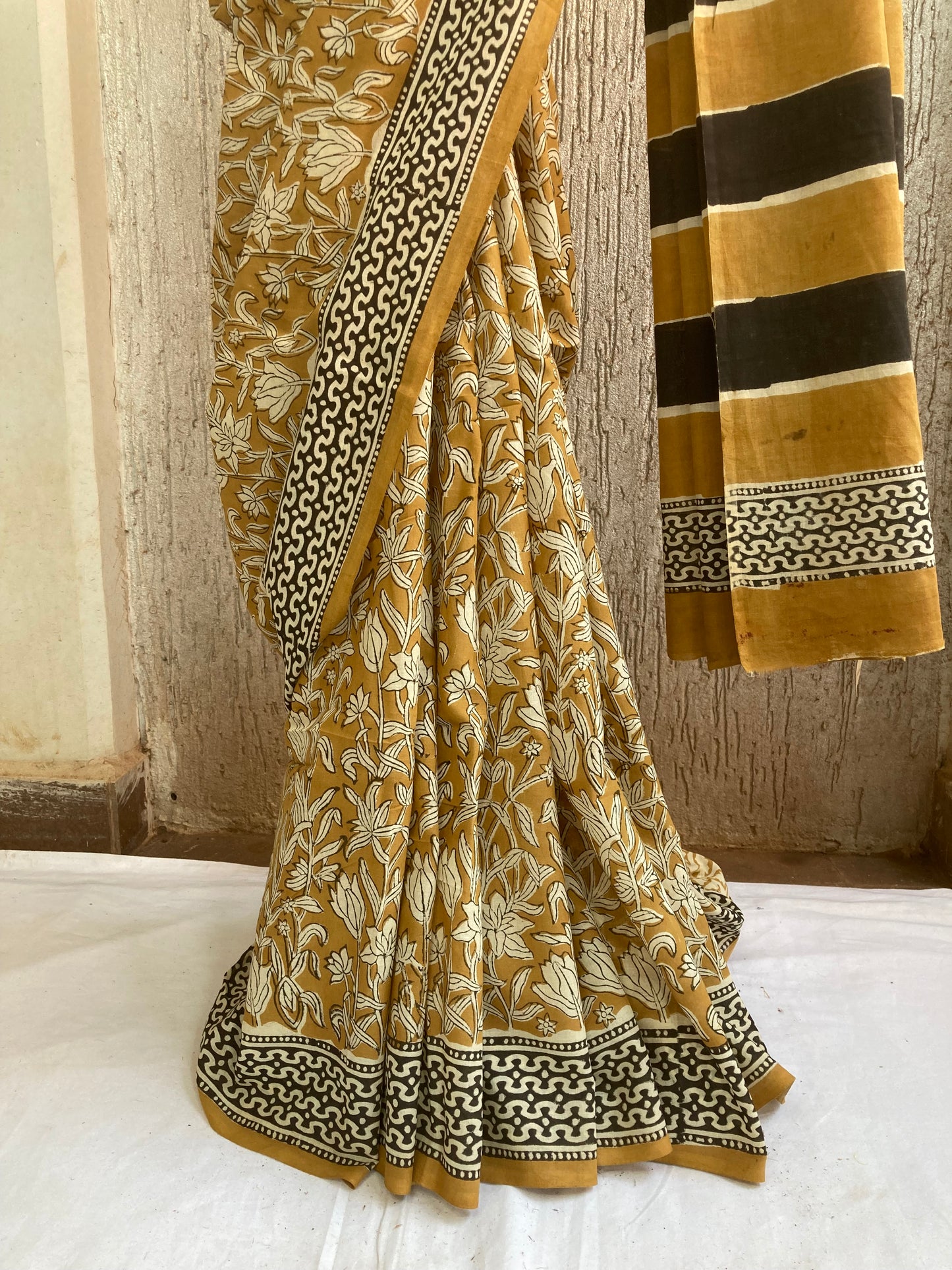 Goldenrod Block Printed Cotton Saree