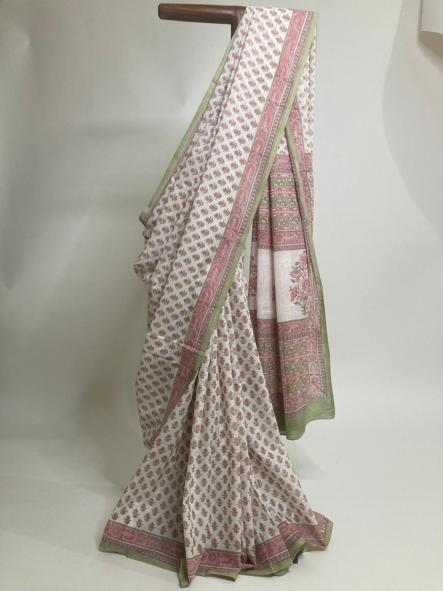 White And Green Block Printed Cotton Saree