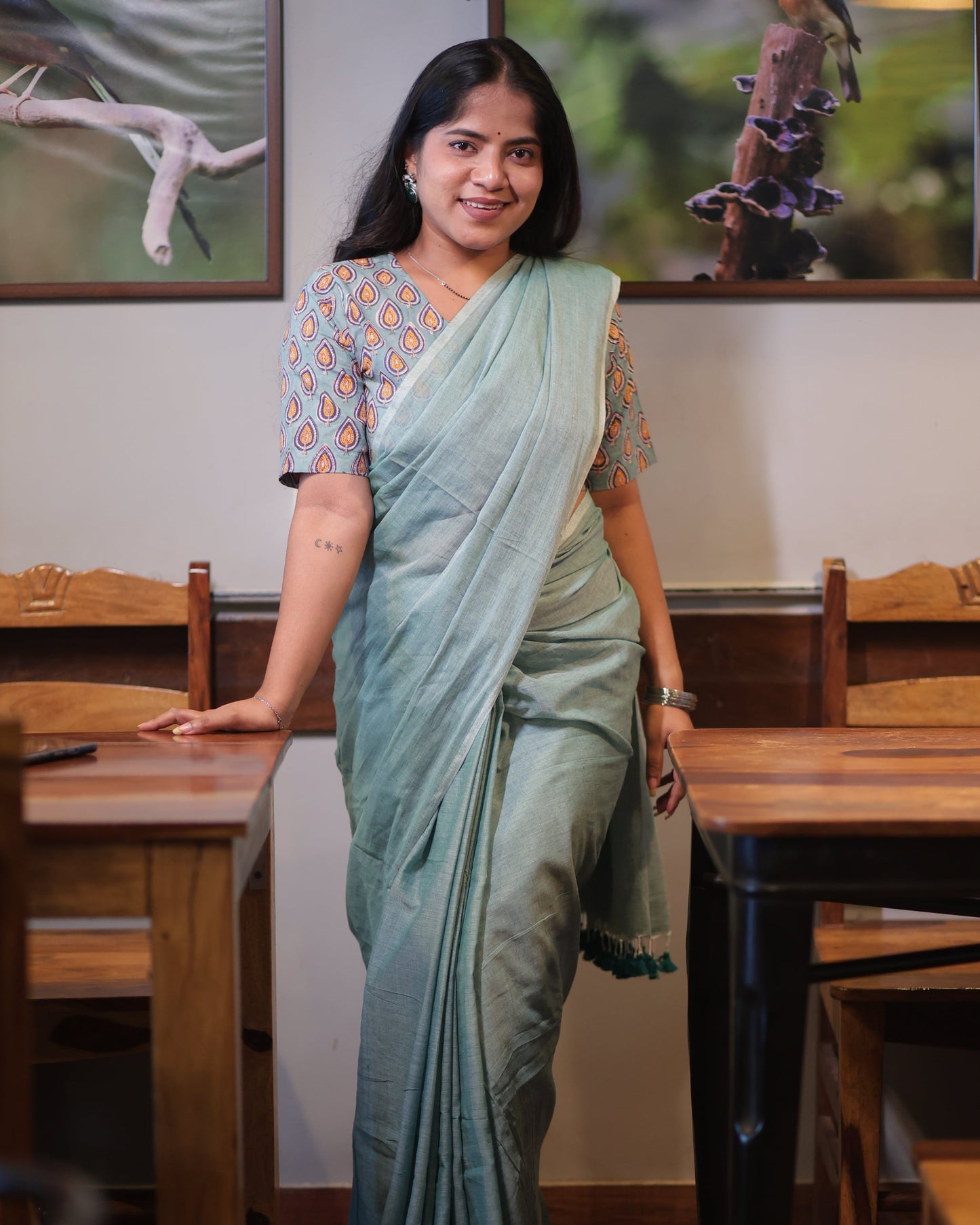 Cyan Green Mul Cotton Saree