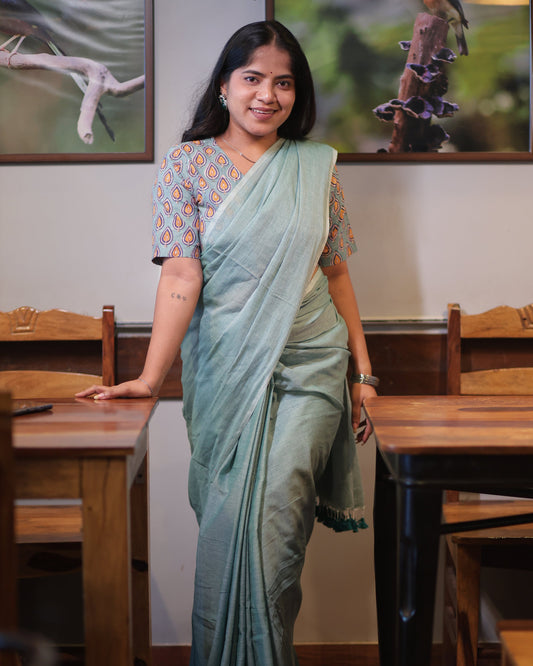 Cyan Green Mul Cotton Saree