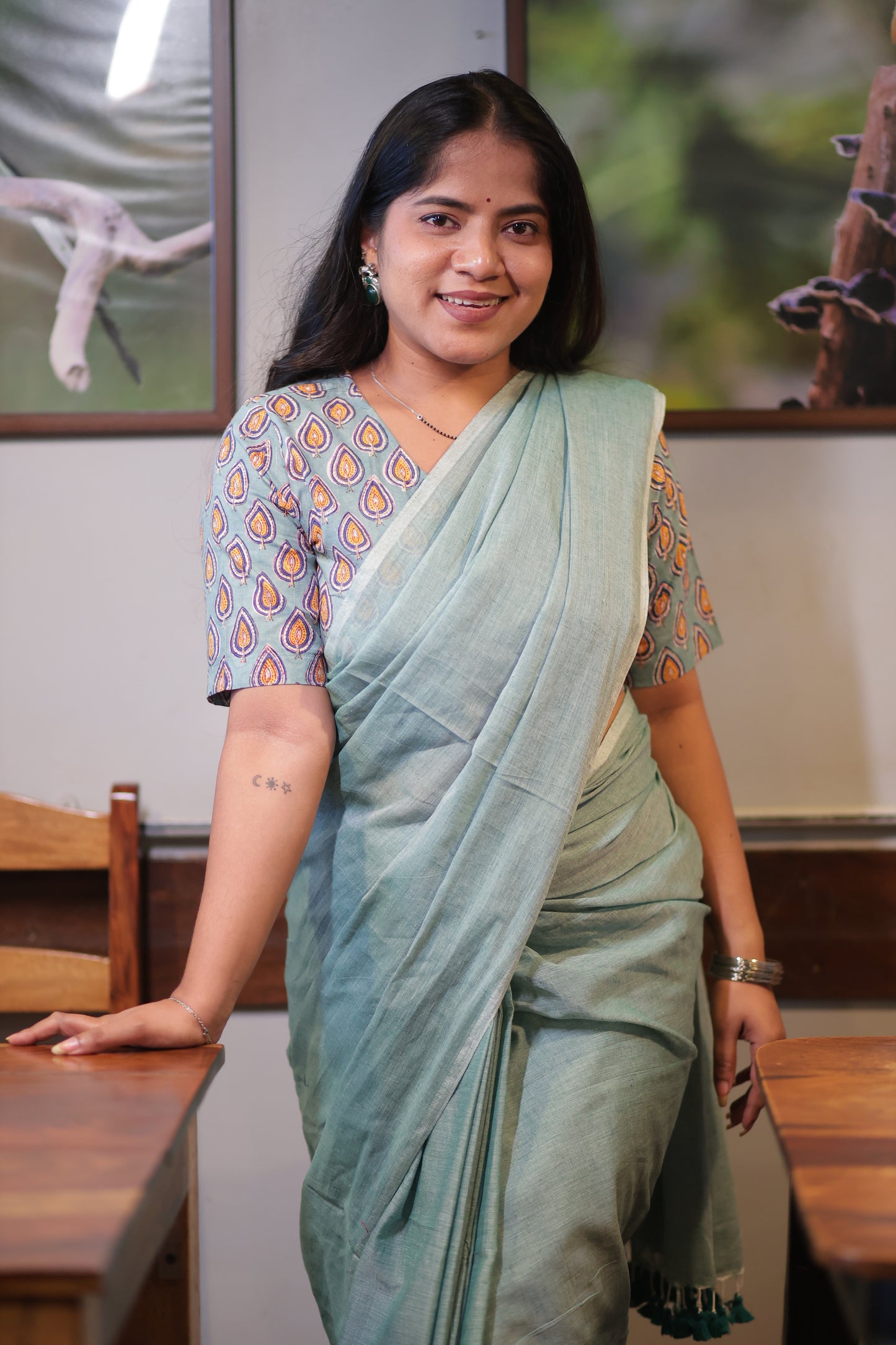 Cyan Green Mul Cotton Saree