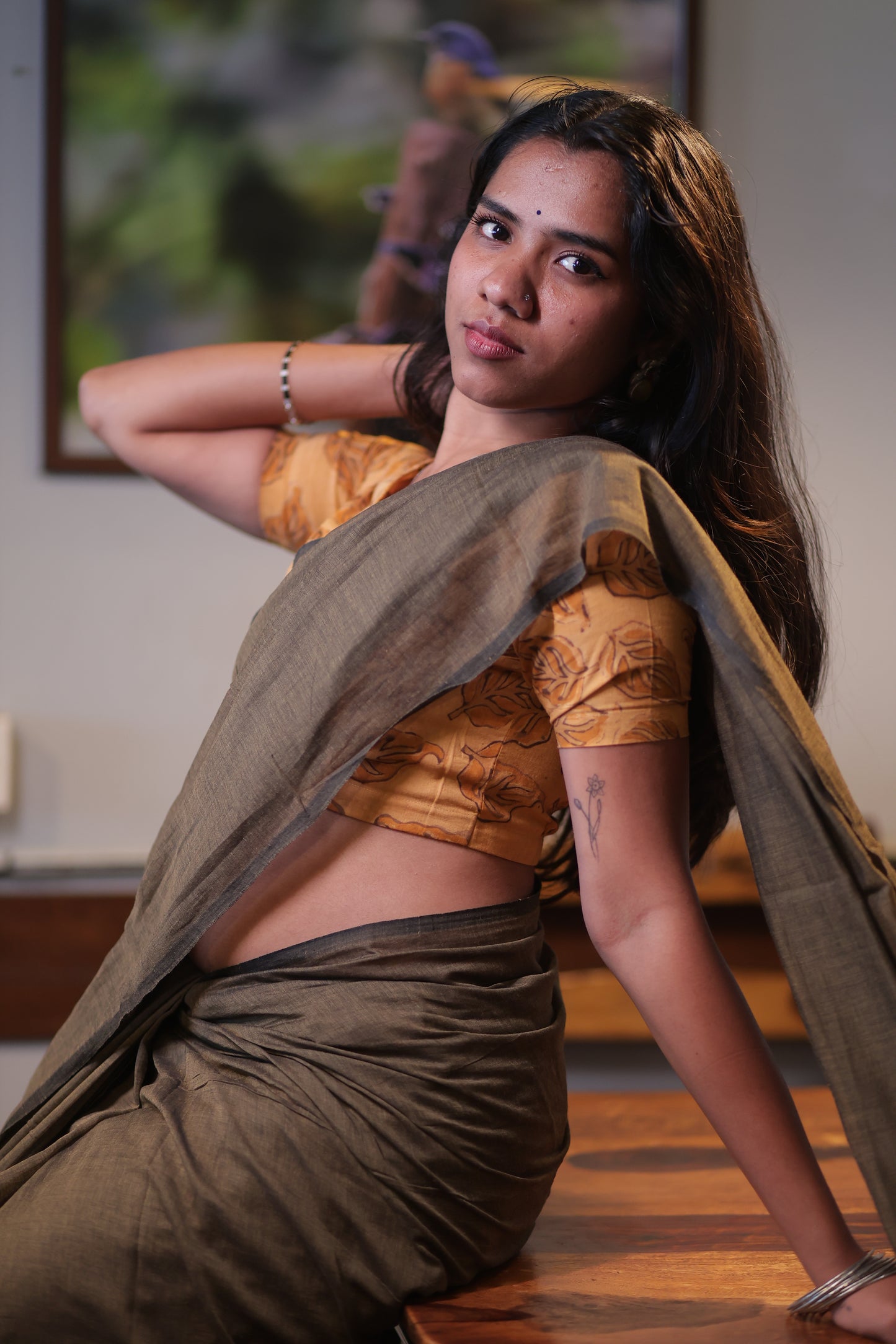 Ash Brown Mul Cotton Saree