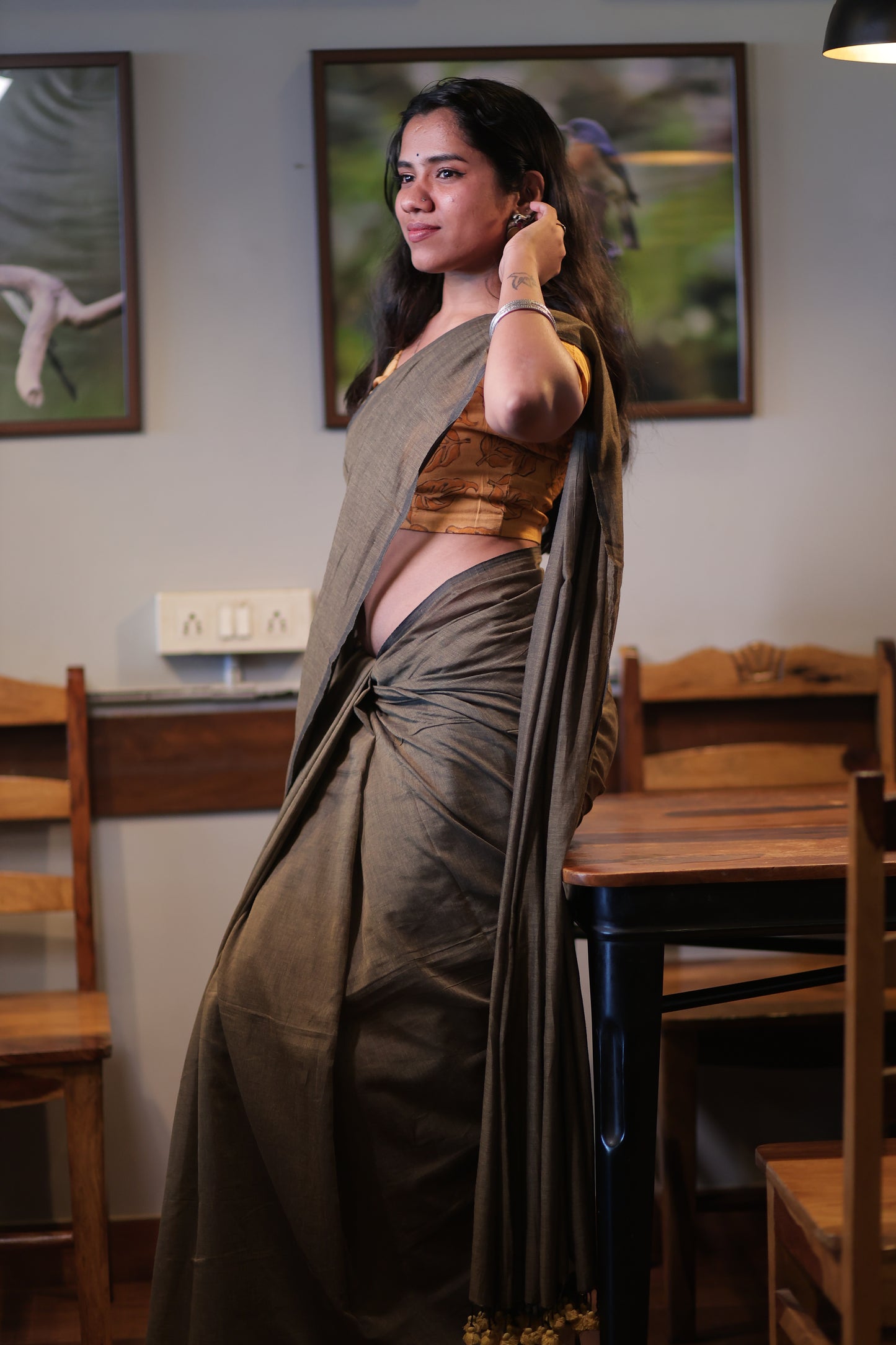 Ash Brown Mul Cotton Saree