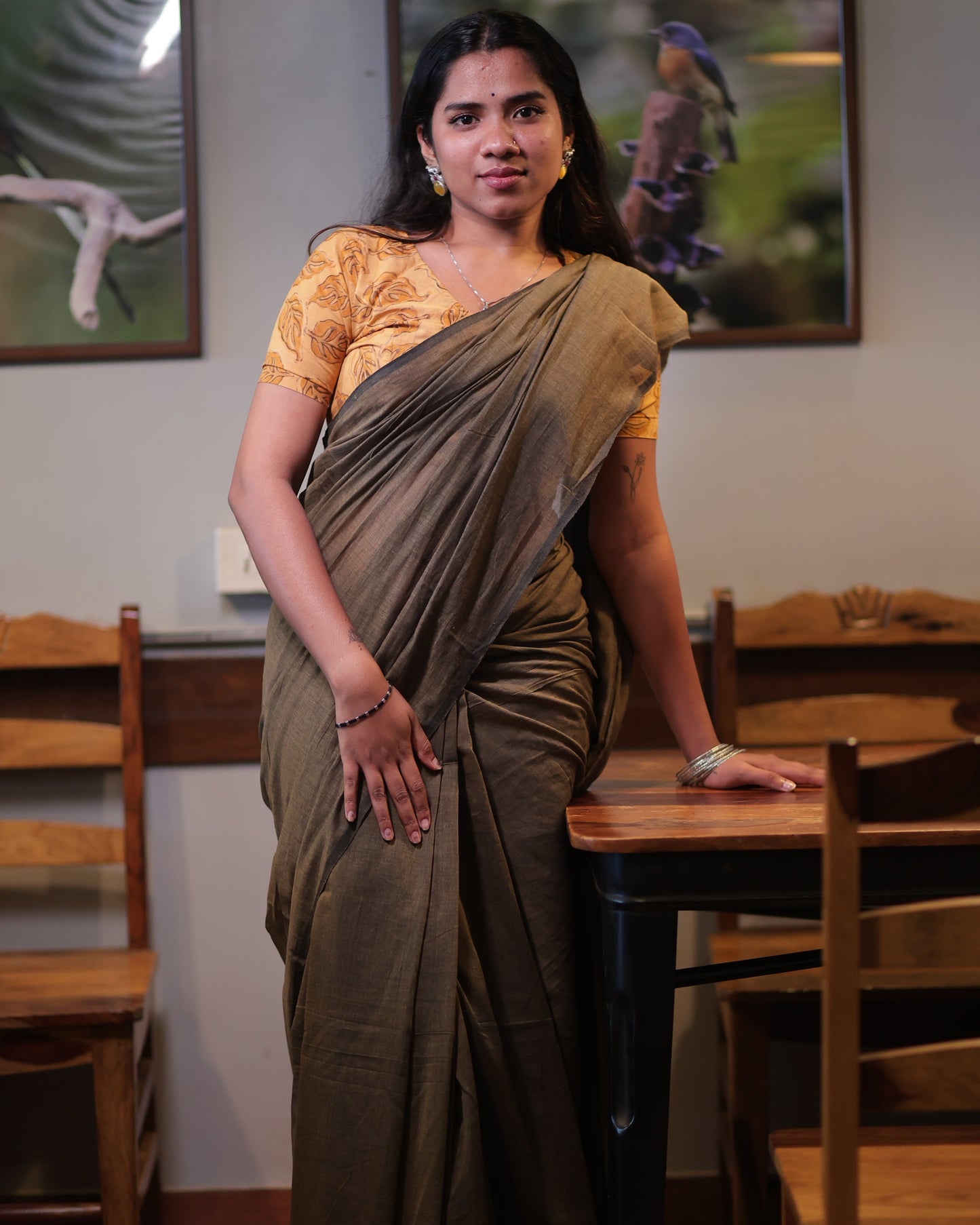Ash Brown Mul Cotton Saree