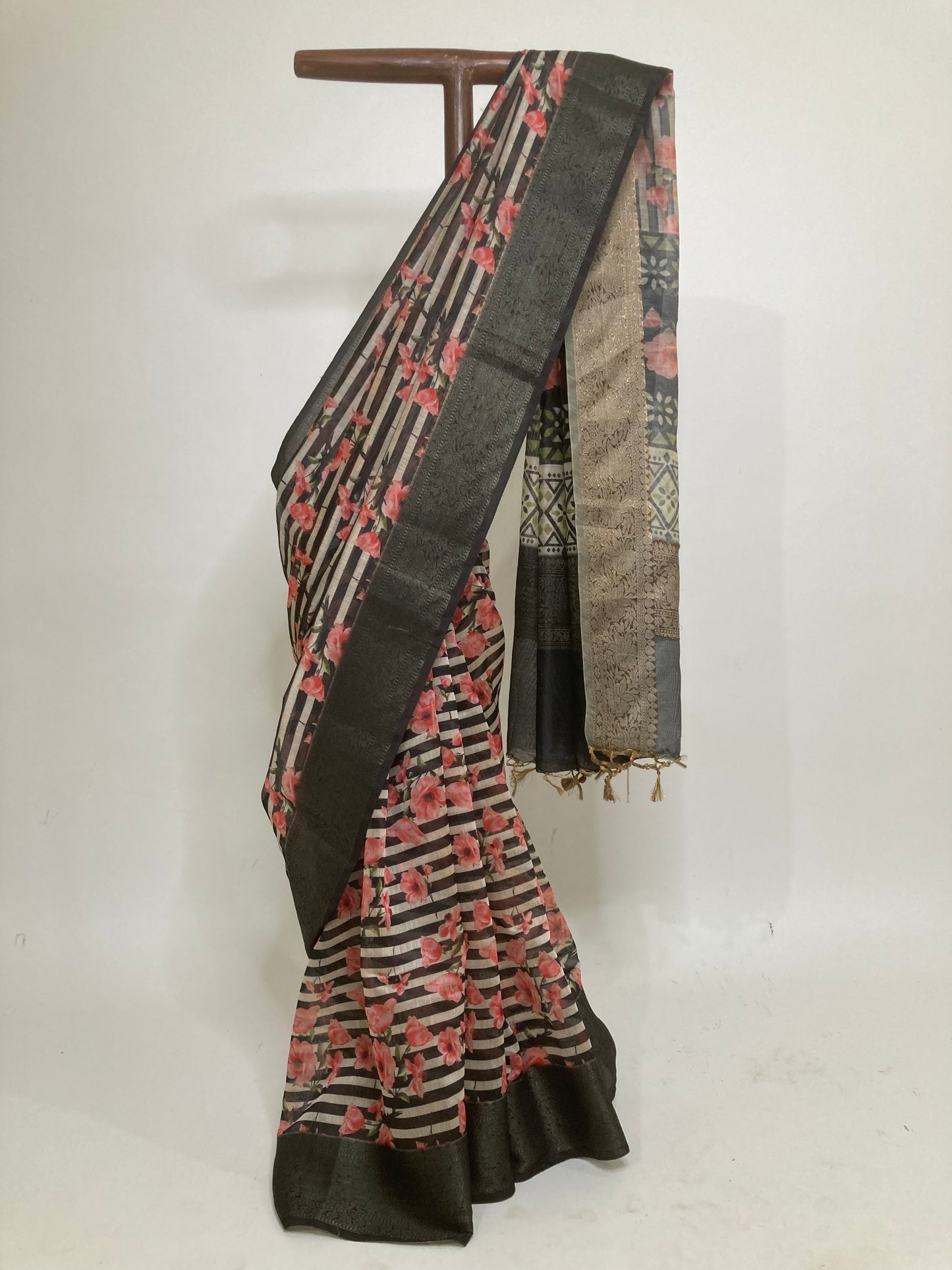 Metal Black Digital Print Chanderi Saree