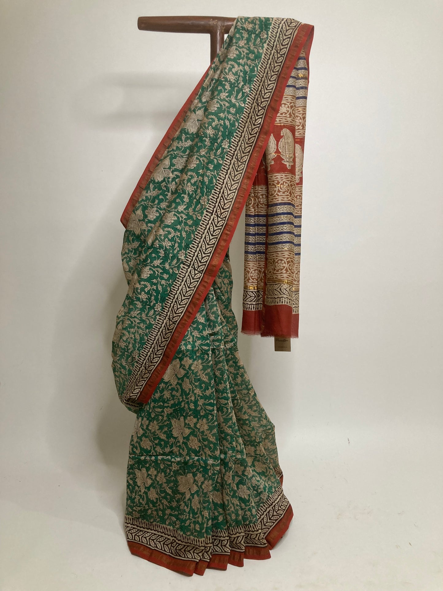 Dark Green Block-Printed Chanderi Saree