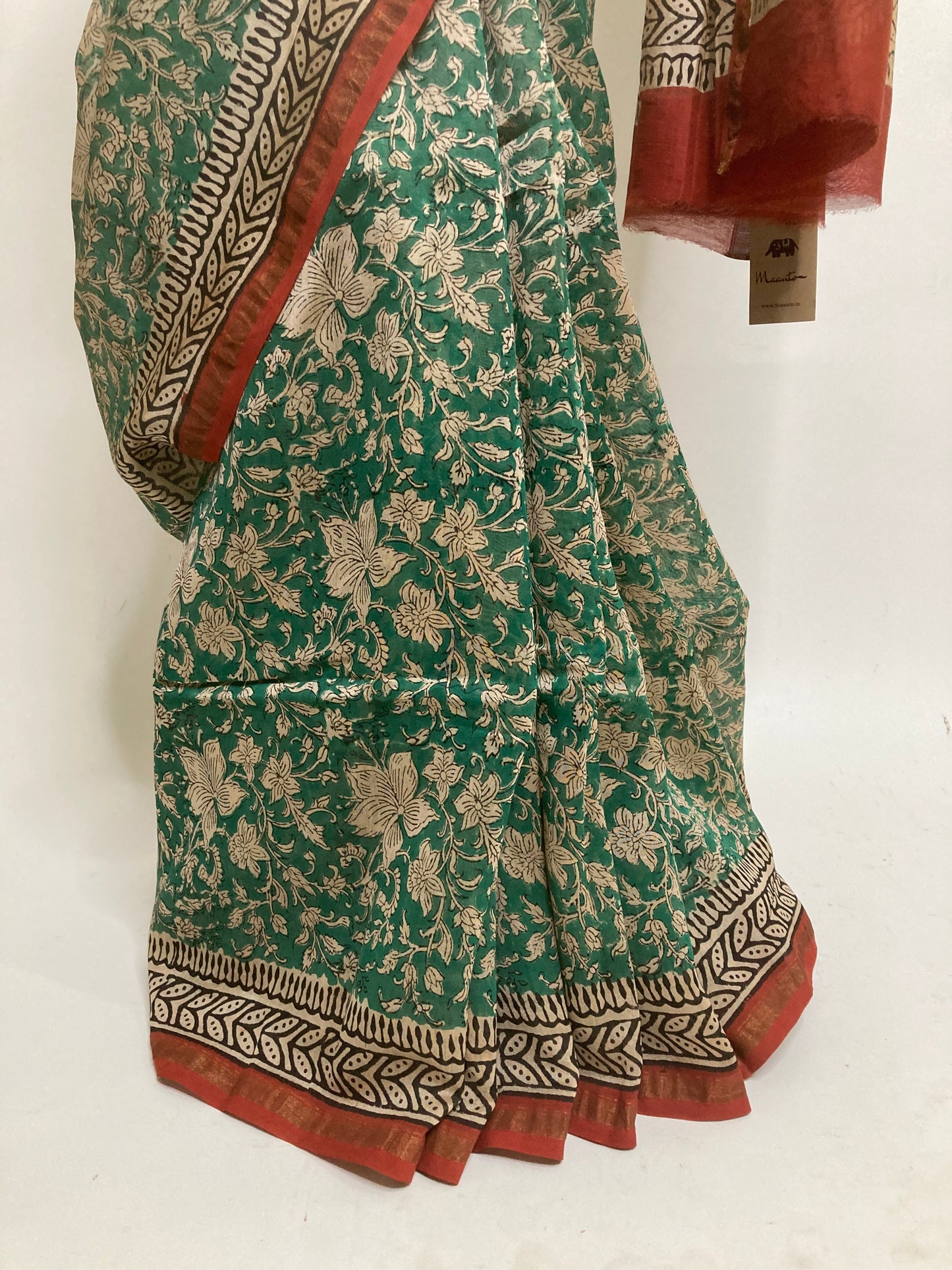 Dark Green Block-Printed Chanderi Saree