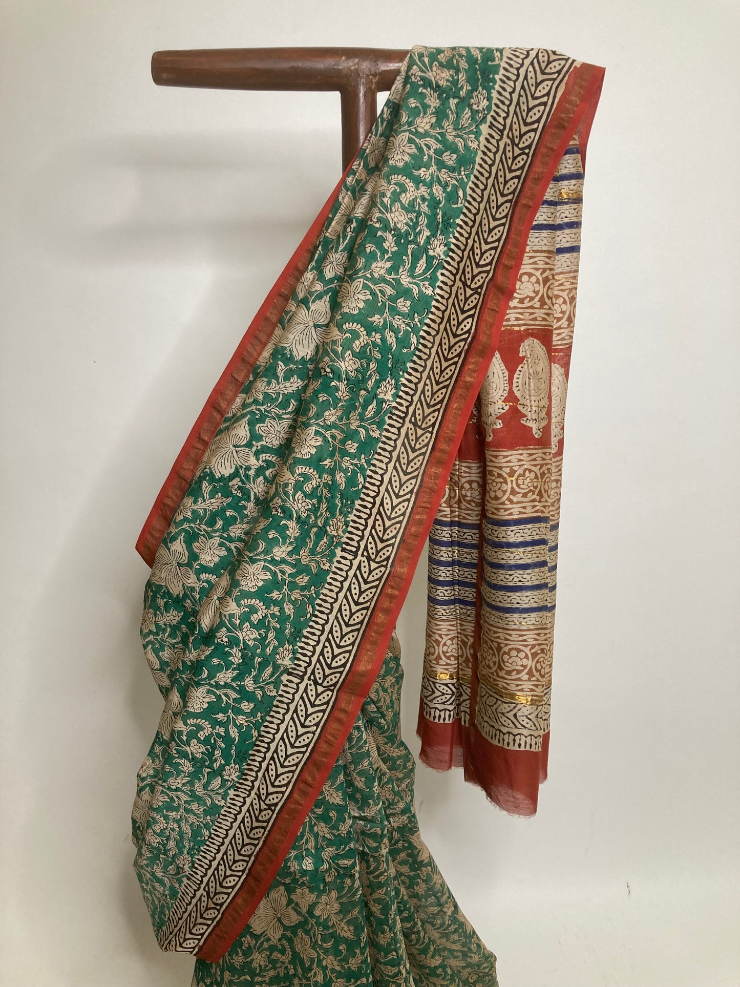 Dark Green Block-Printed Chanderi Saree