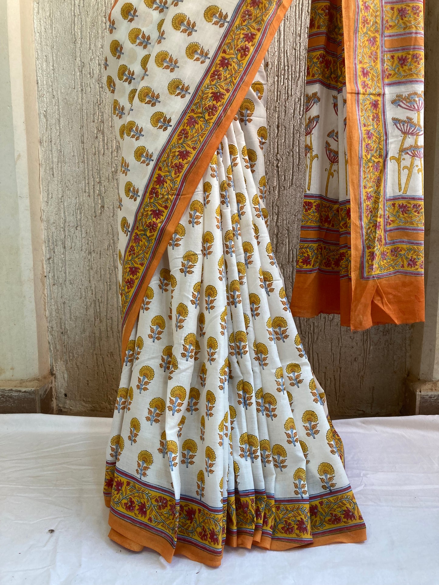 White Orange Block Printed Cotton Saree