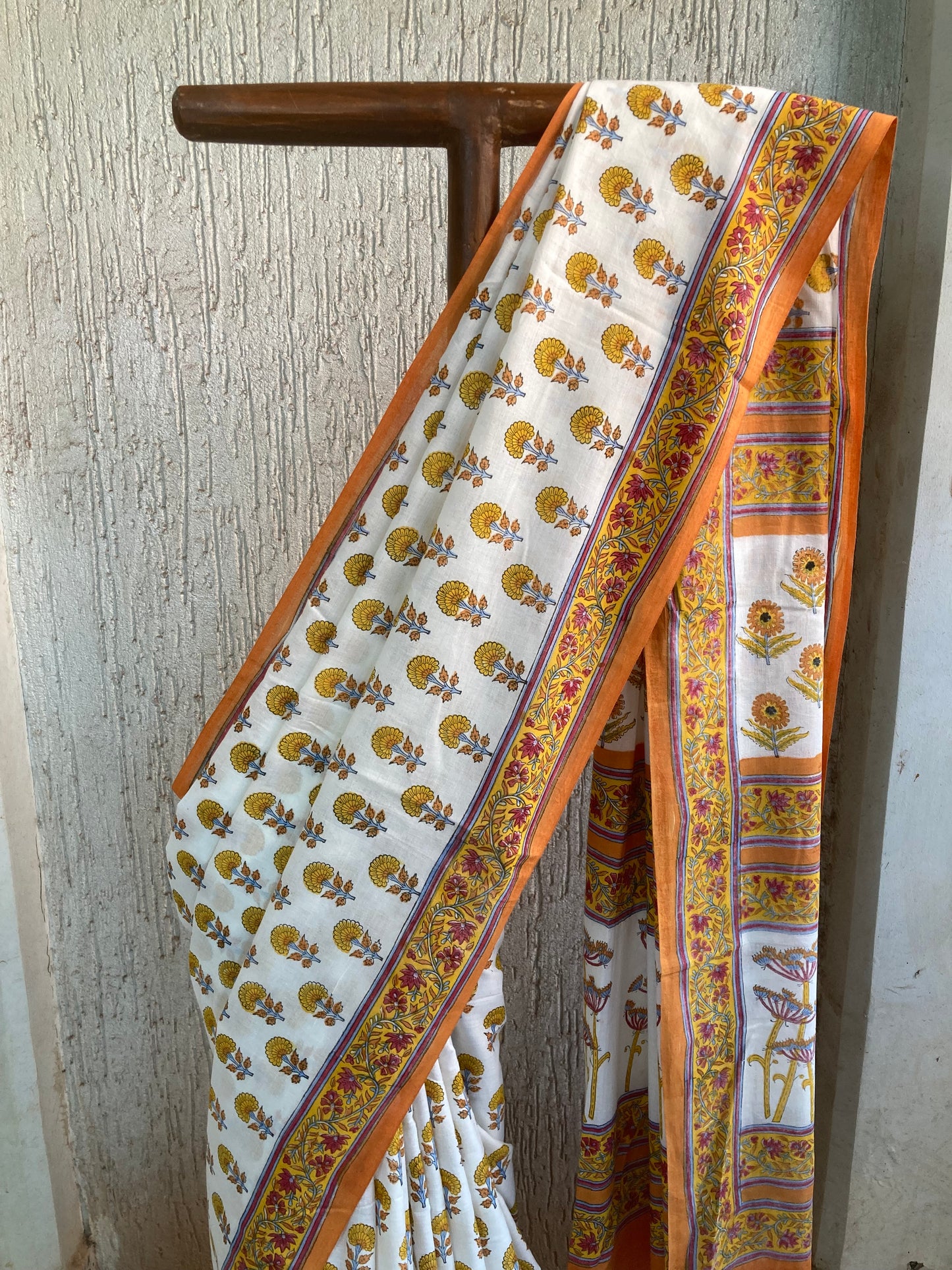 White Orange Block Printed Cotton Saree