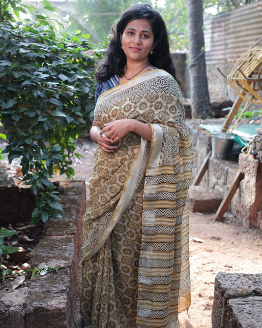 Light Yellow Slub Linen Saree