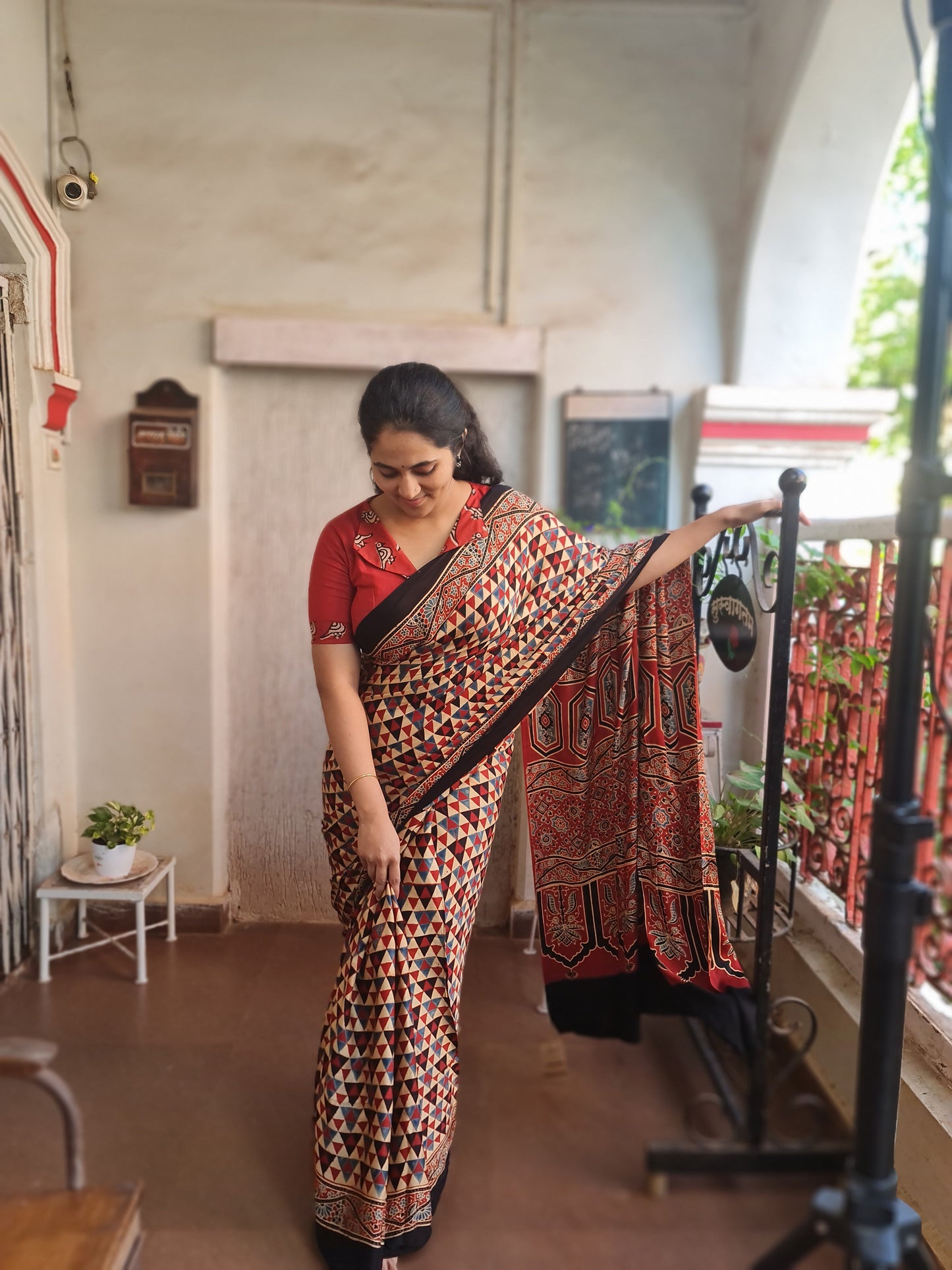 Maroon And Cream Ajrakh Modal Silk Saree