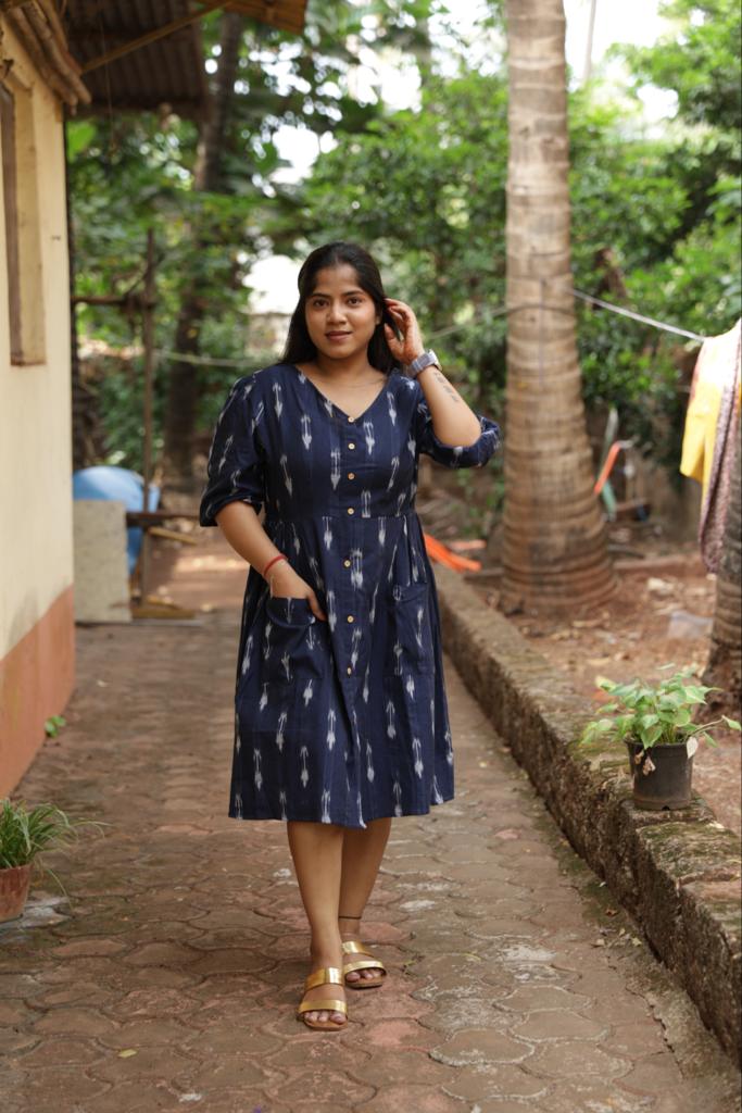 Navy Blue short Ikkat Dress
