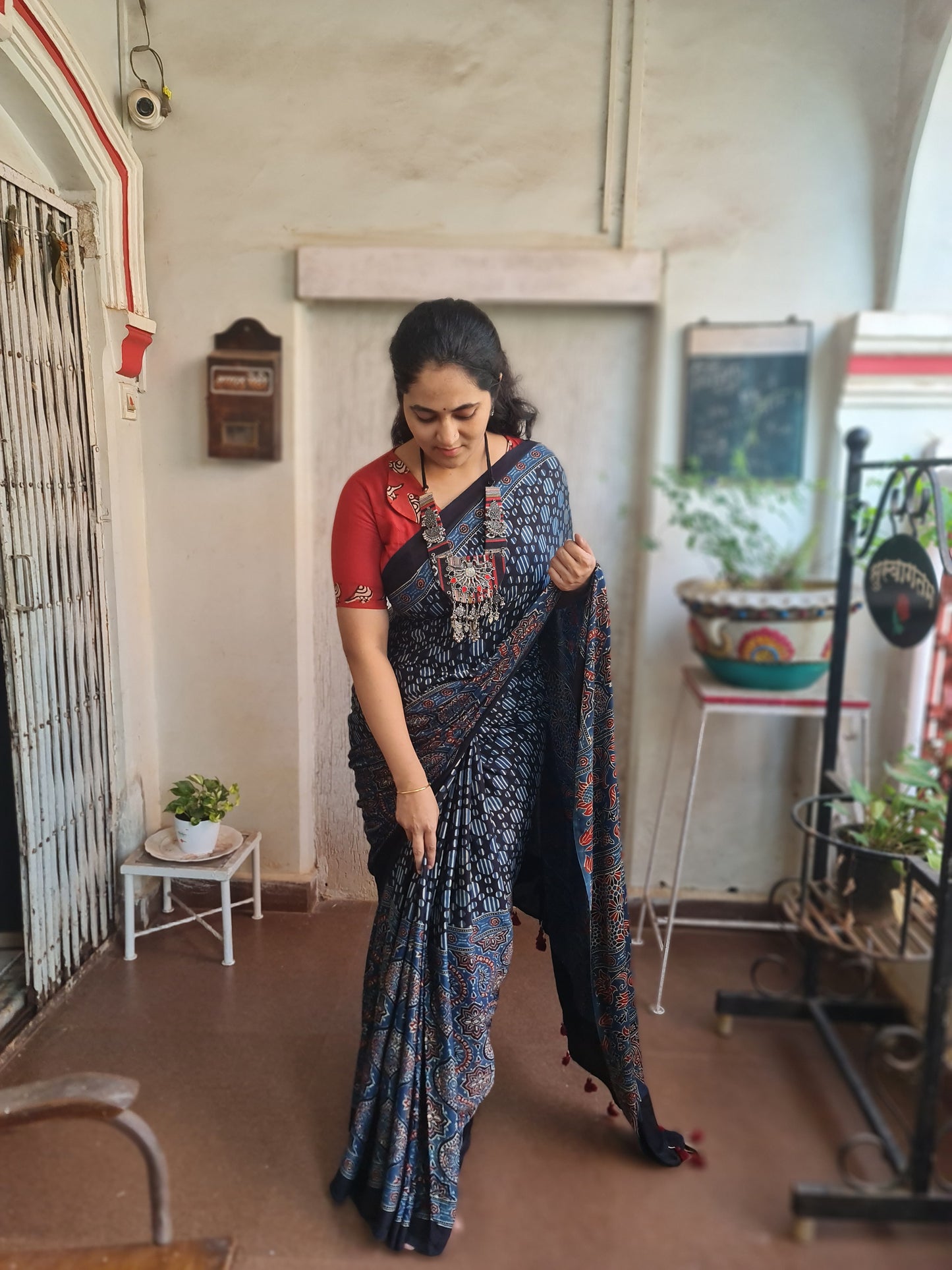 Black Ajrakh Modal Silk Saree