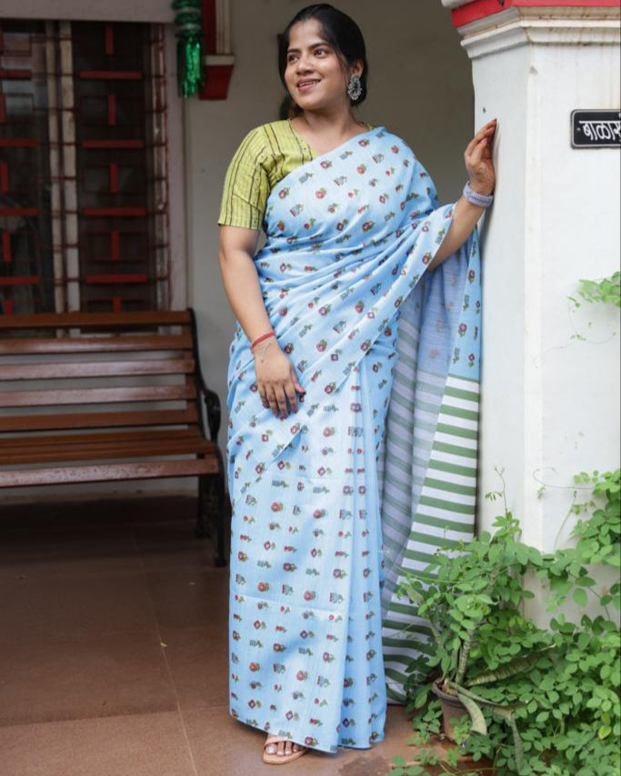 Royal Blue Jute Cotton Saree
