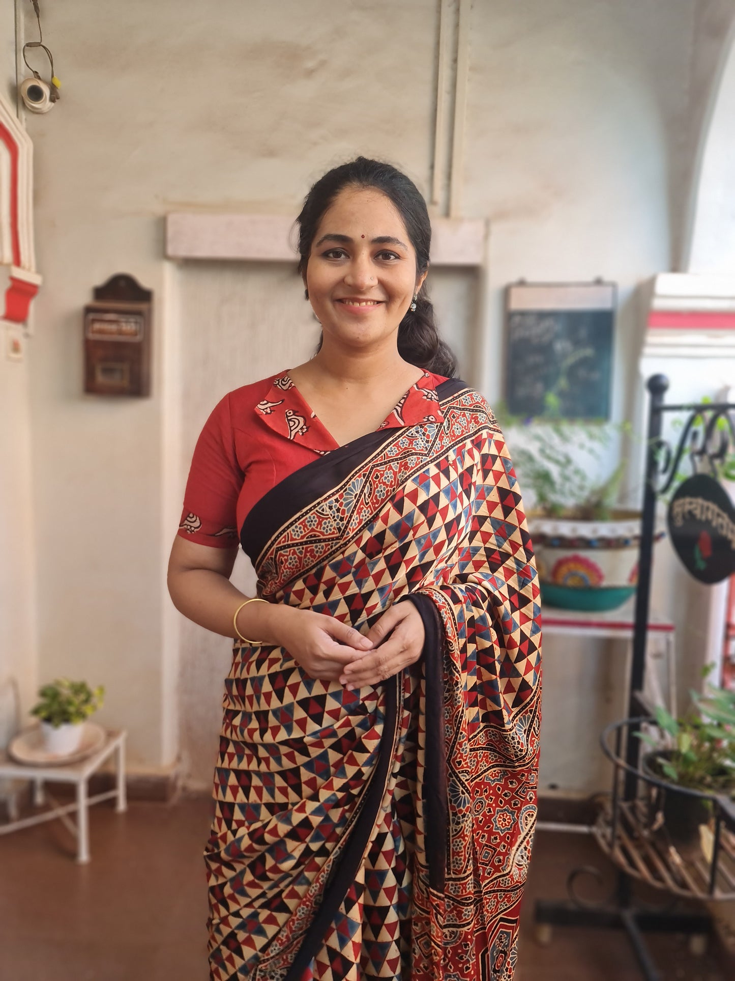 Maroon And Cream Ajrakh Modal Silk Saree