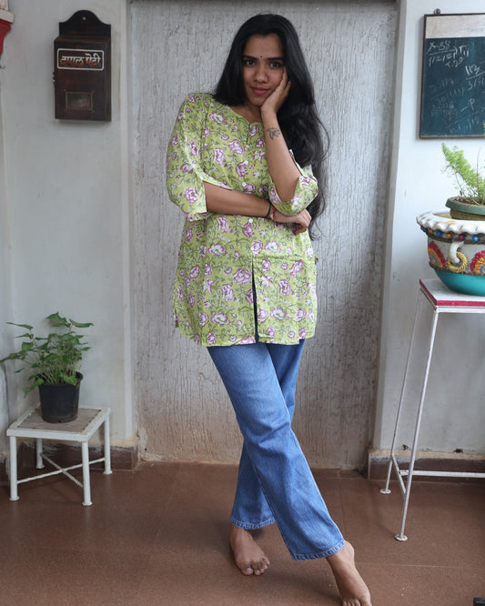 Light Green Short Block Printed Cotton Kurta