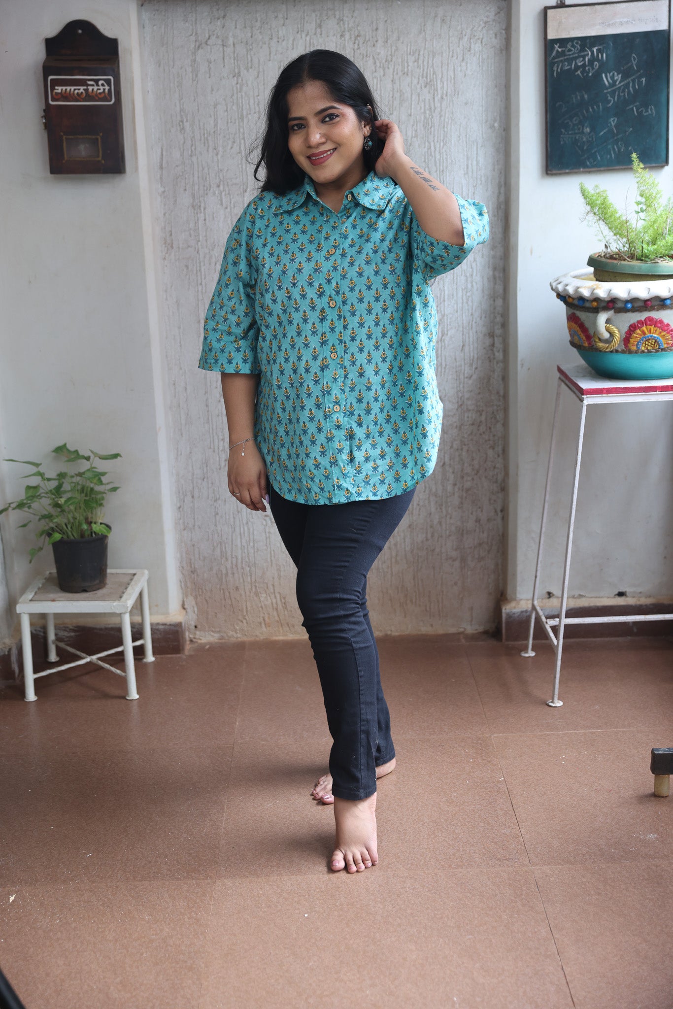 Dark Green Block Printed Cotton Shirt