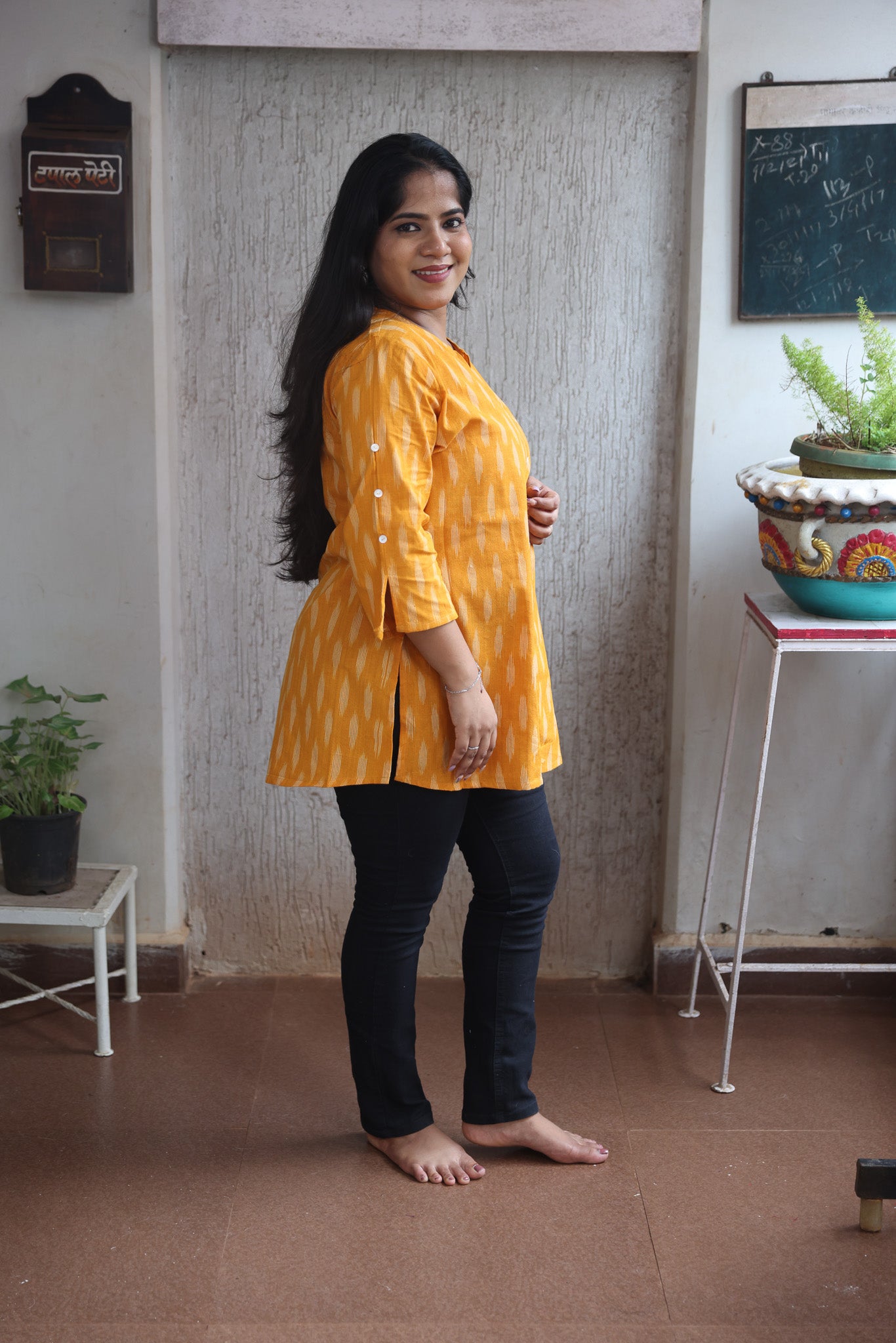 Yellow Ikkat Short Kurta