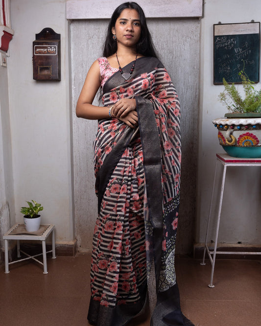 Metal Black Digital Print Chanderi Saree
