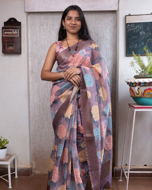 Twilight Lavender Digital Print Chanderi Saree