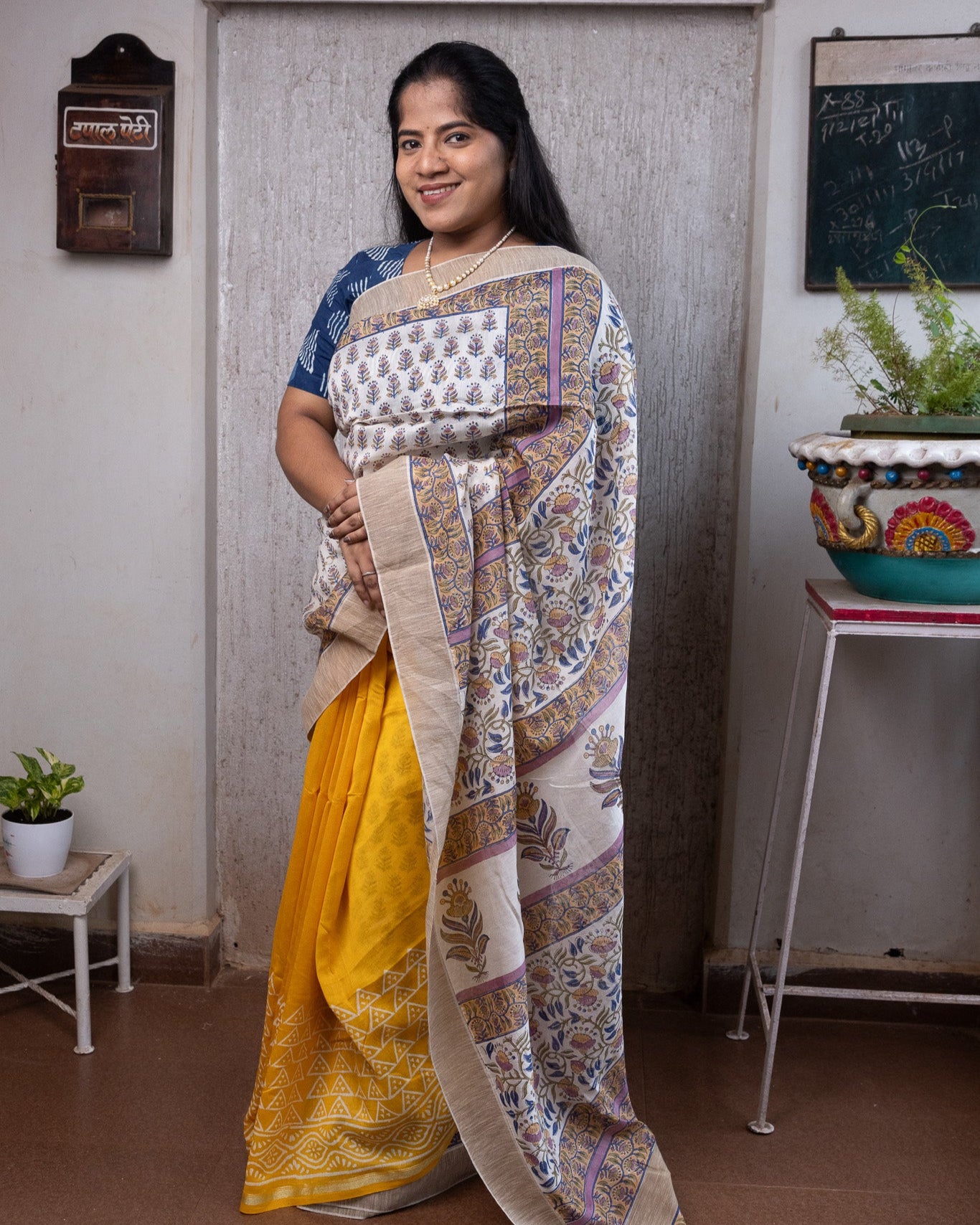 Cream And Yellow Maanto Patli Pallu Saree