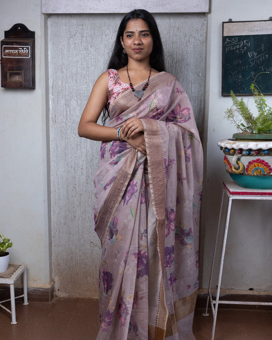 Plum Digital Printing Chanderi Saree