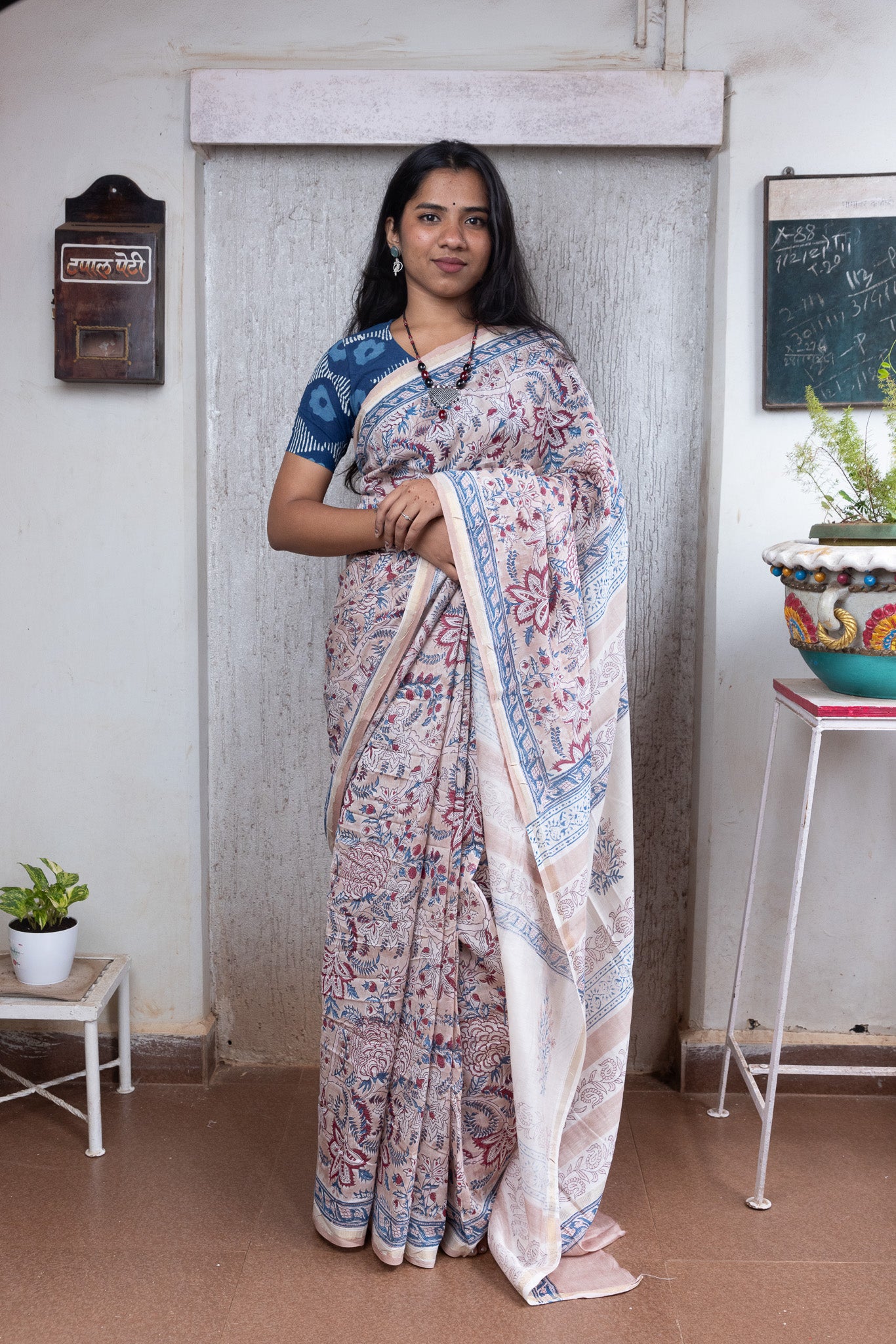 Tan Block-Printed Chanderi Saree