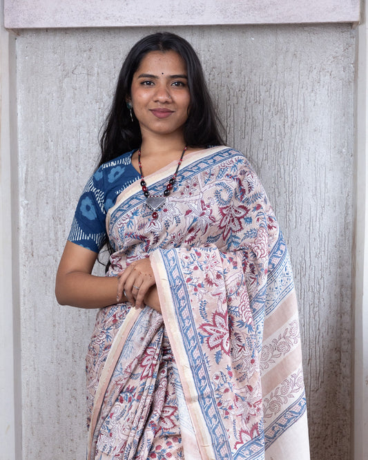 Tan Block-Printed Chanderi Saree