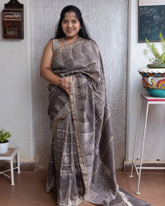 Fossil Block-Printed Chanderi Saree